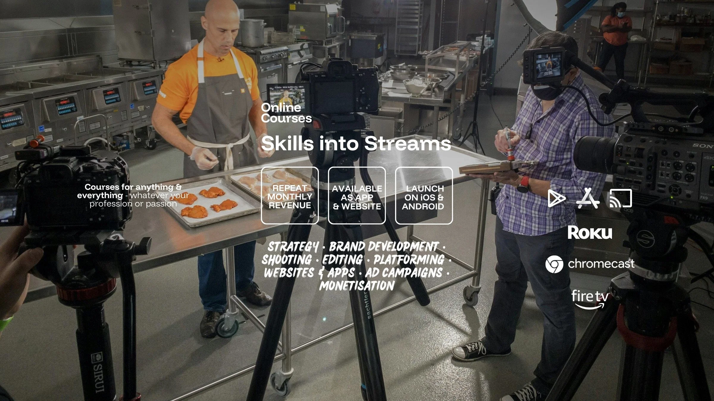 A kitchen studio with a chef preparing food, with 2 videographers, and studio lights, with text overlay about online course development & professional videography services