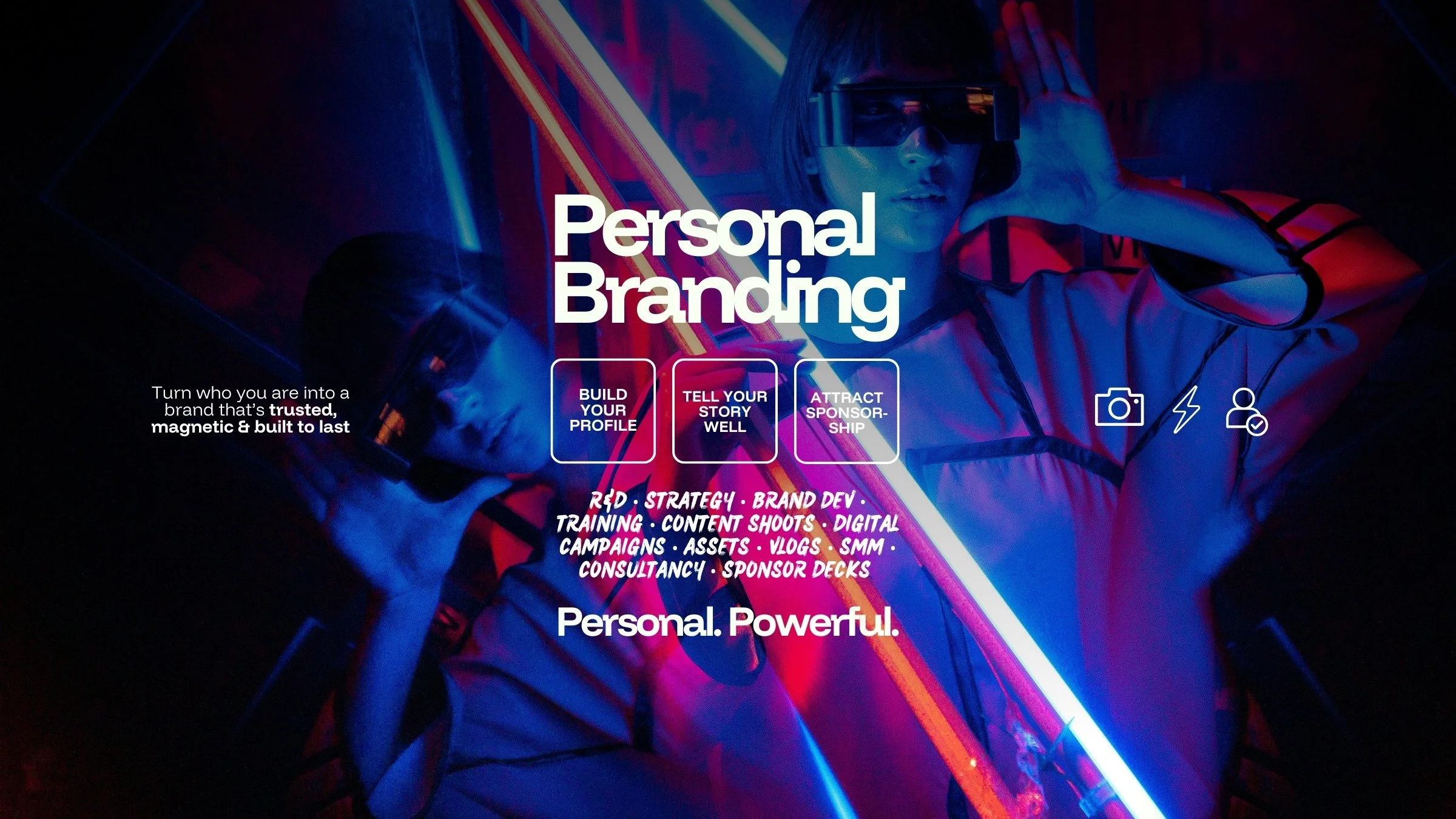 A professional photo from a cinematic ad campaign, featuring a futuristic looking woman, with a vapourwave aestethic and neon lights in the pictuyre - with text overlayed promoting personal branding services in doncaster, sheffield, manchester, leeds