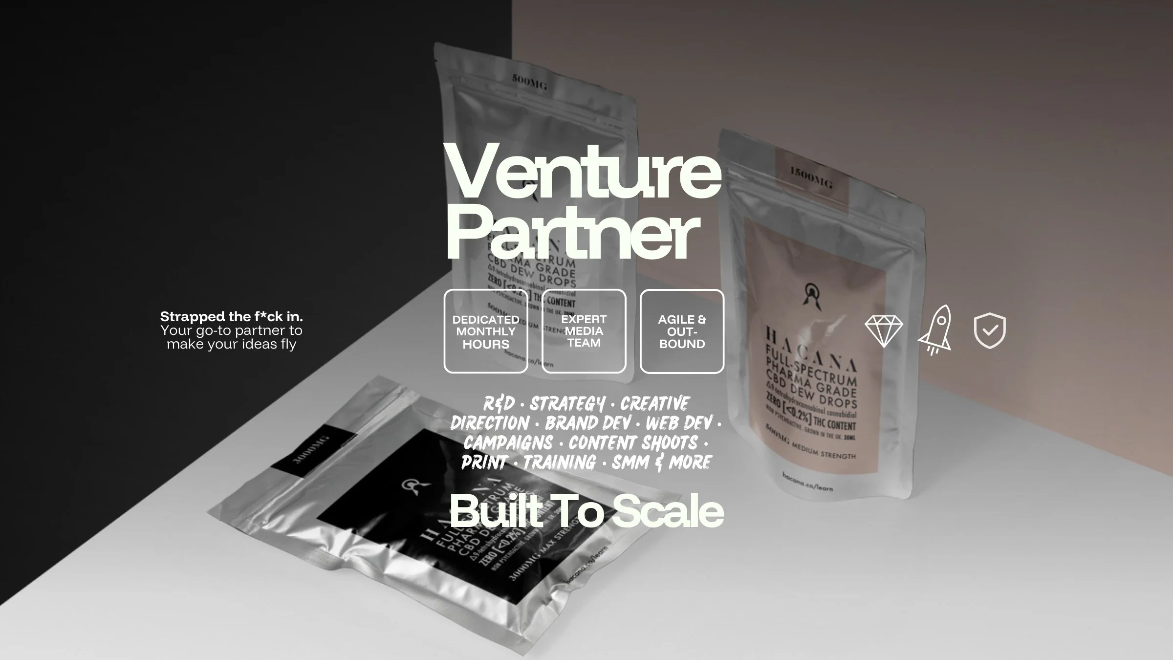 An studio shot image of a supplements brand packaging, taken with a professional camera and lighting - with text overlayed promoting venture partnership services from Made by UNO, a company based in Doncaster, who offer services in Manchester, sheffi