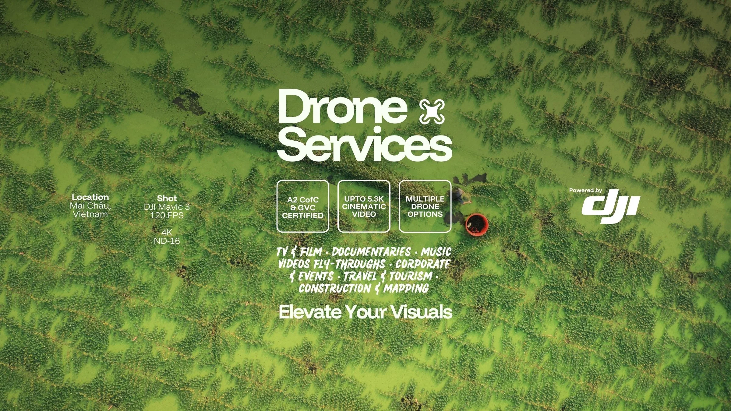 Professional drone shot over a rice paddy in vietnam - with text overlayed promoting drone videography services from Made by UNO, a video agency operating in Doncaster, Sheffield, Manchester, Leeds & London. 