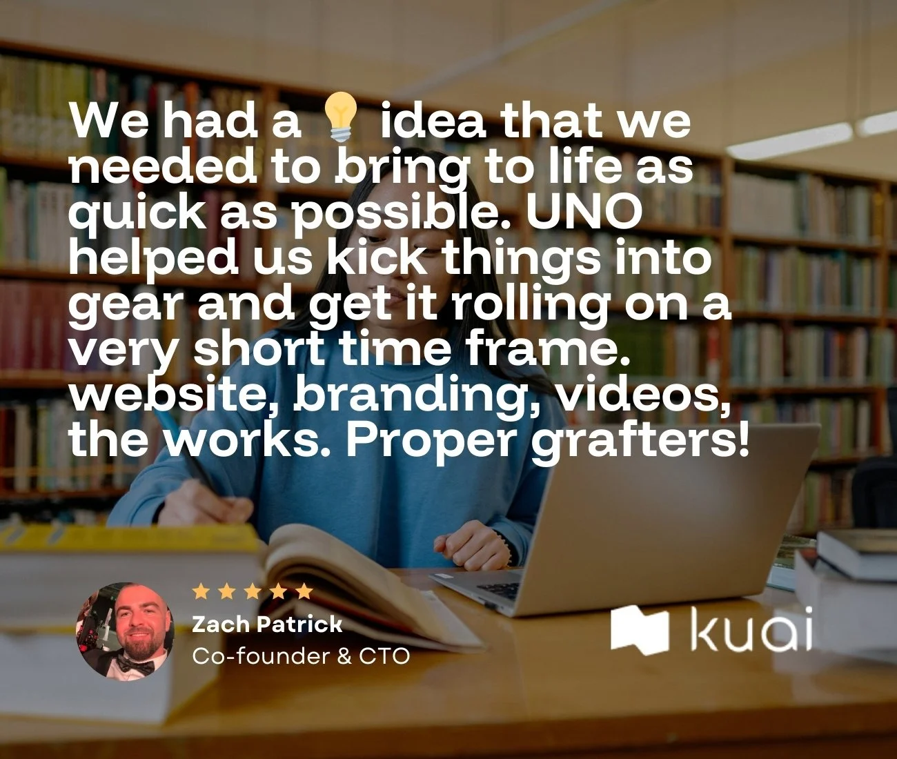 Photo of an international student in a library, with his feet on the table; text overlaid quote form Kuai expressing how working with UNO for website and branding services has been great