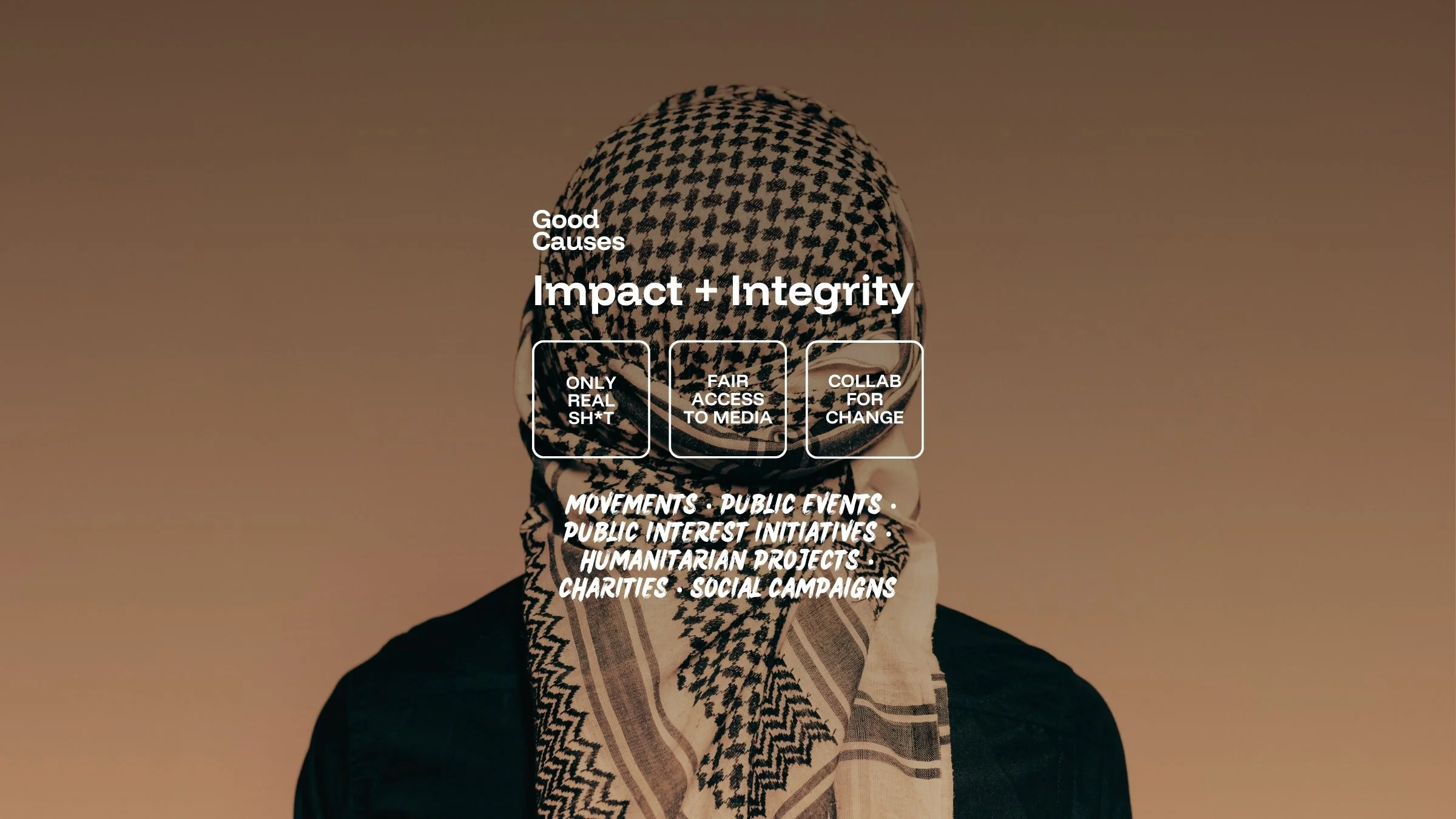 A person with their face covered by a scarf standing against a plain background, with a text overlay talking about social impact projects and event filming in manchester, sheffield, leeds & london.