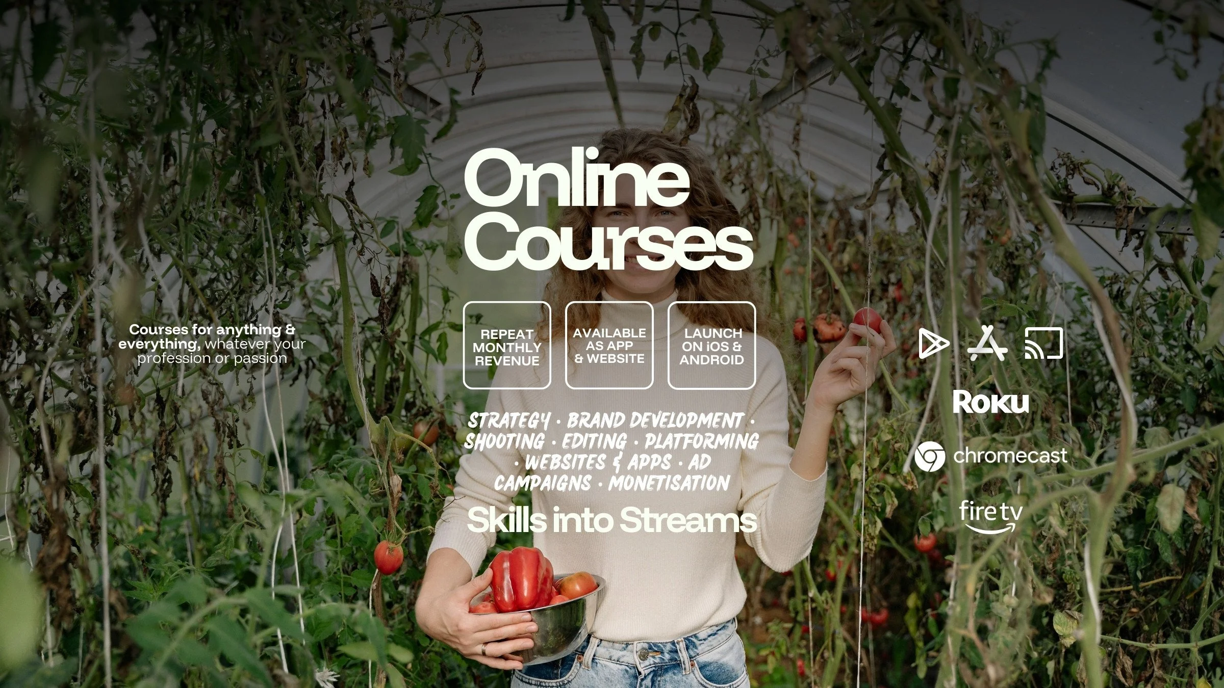 A photo of a woman growing plants and vegetables - with text overlayed promoting online course filming with professional lighting and cameras, creating apps & website for people to build recurring subcription model income