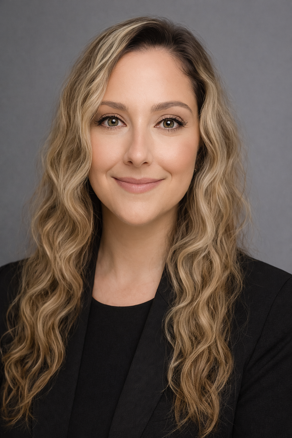 A woman with long, wavy blonde hair and light makeup, smiling softly at the camera, wearing a black blazer against a plain gray background.