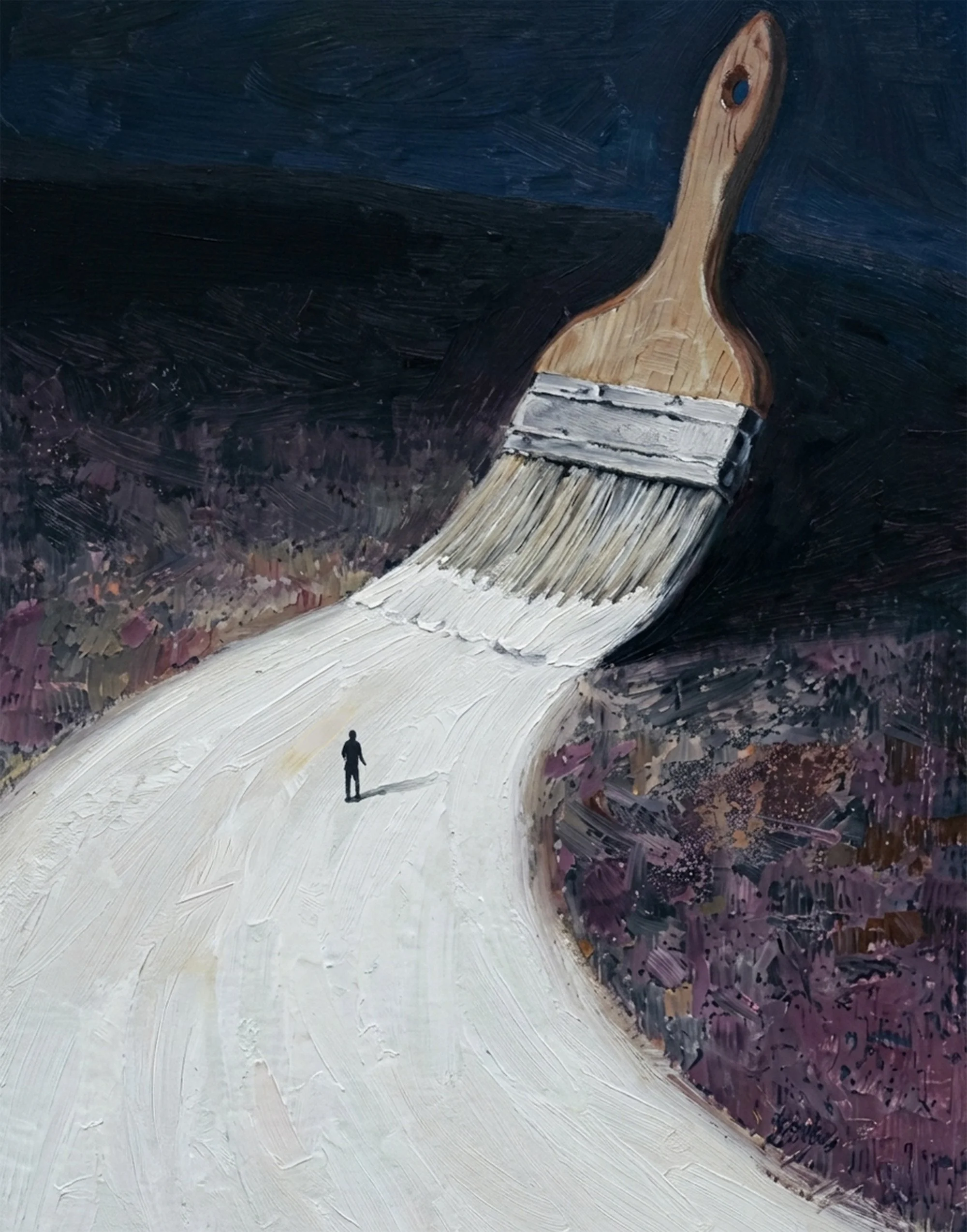 Persoon die op een pad loopt dat wordt geschilderd door een grote verfkwast als symbool voor je eigen weg creëren.