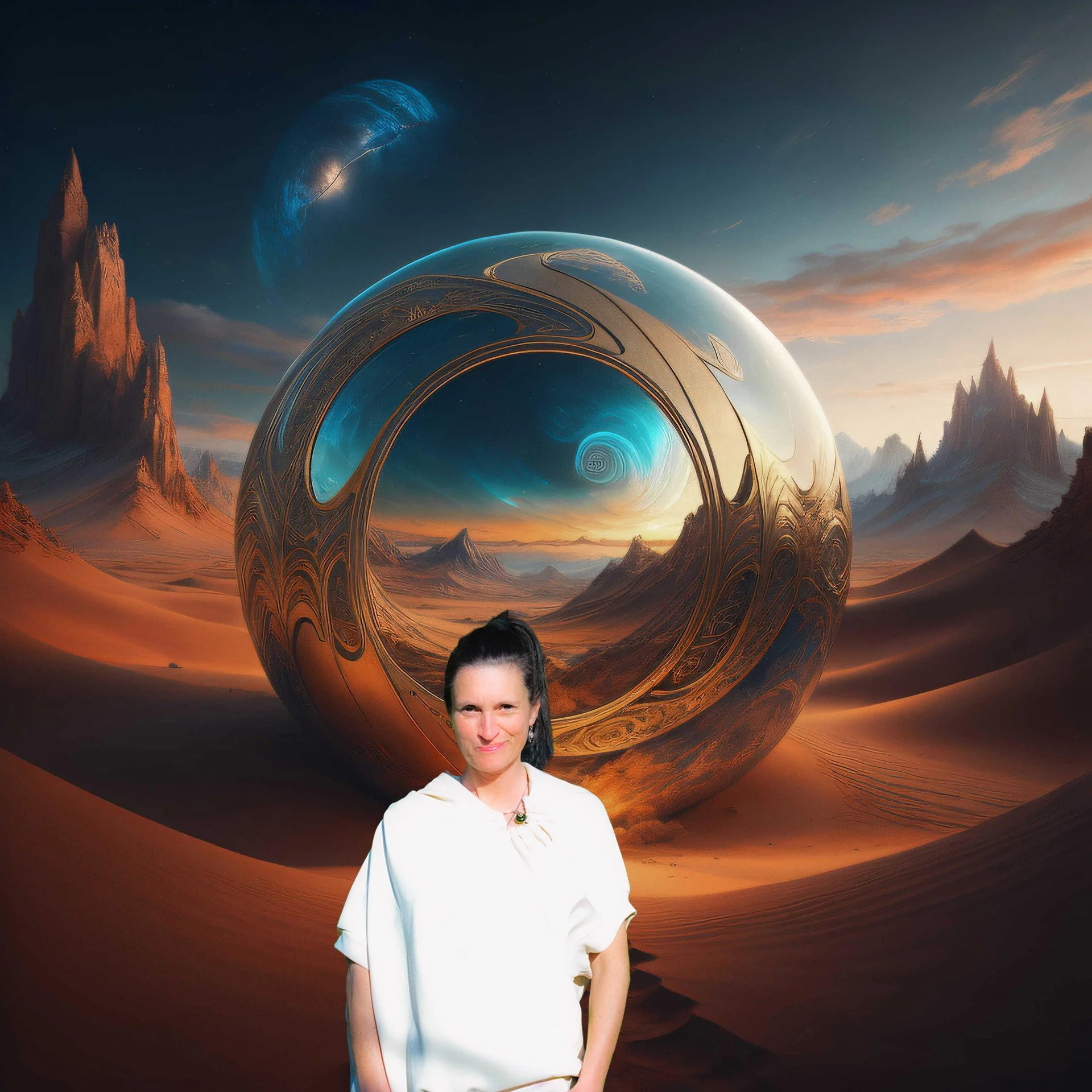 Vrouw die voor een surrealistisch woestijnlandschap met een gouden portaal staat, symbool voor energie en innerlijke transformatie.