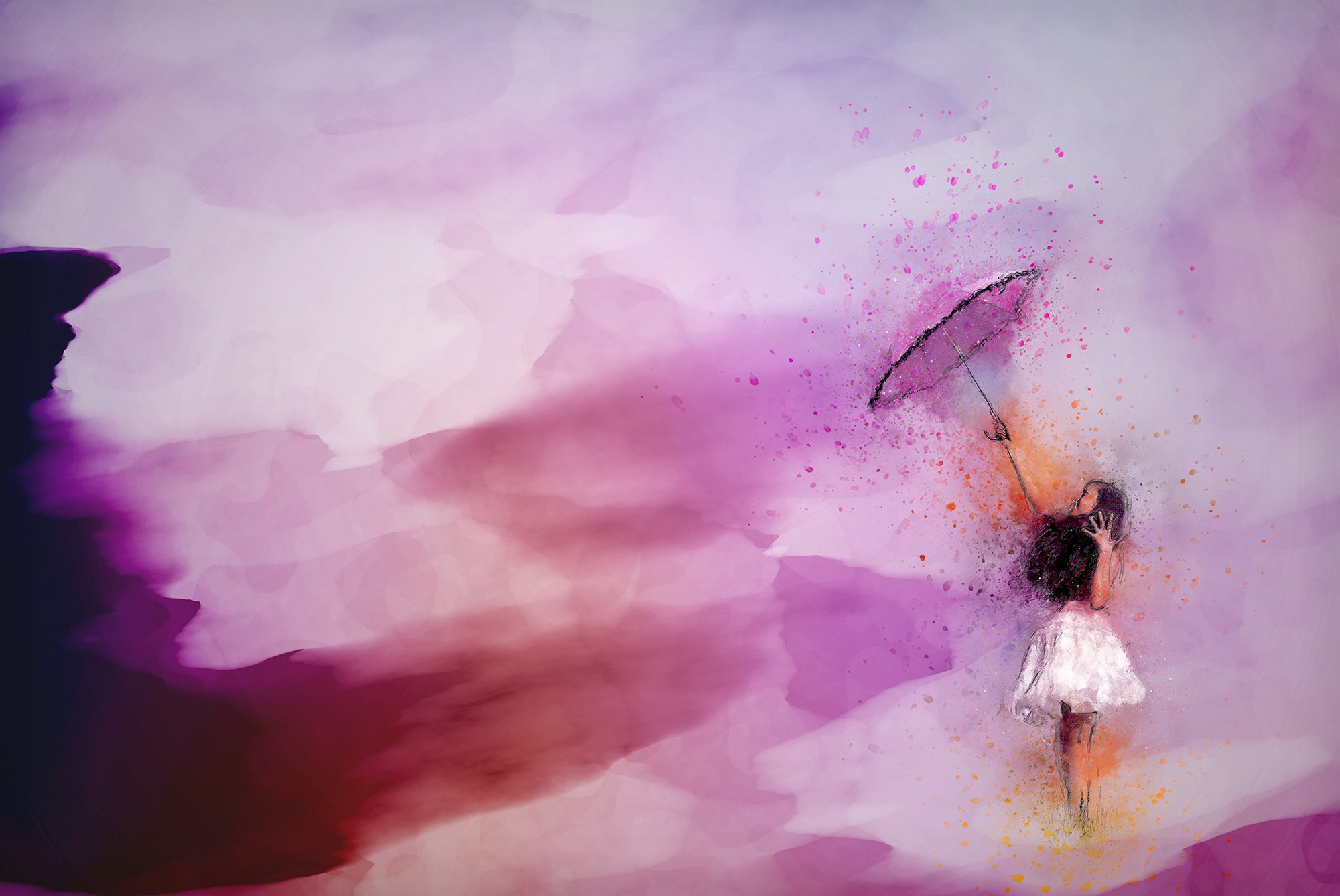 Vrouw met paraplu in licht en donker symboliseert loslaten van zwaarte en toelaten van licht en heling