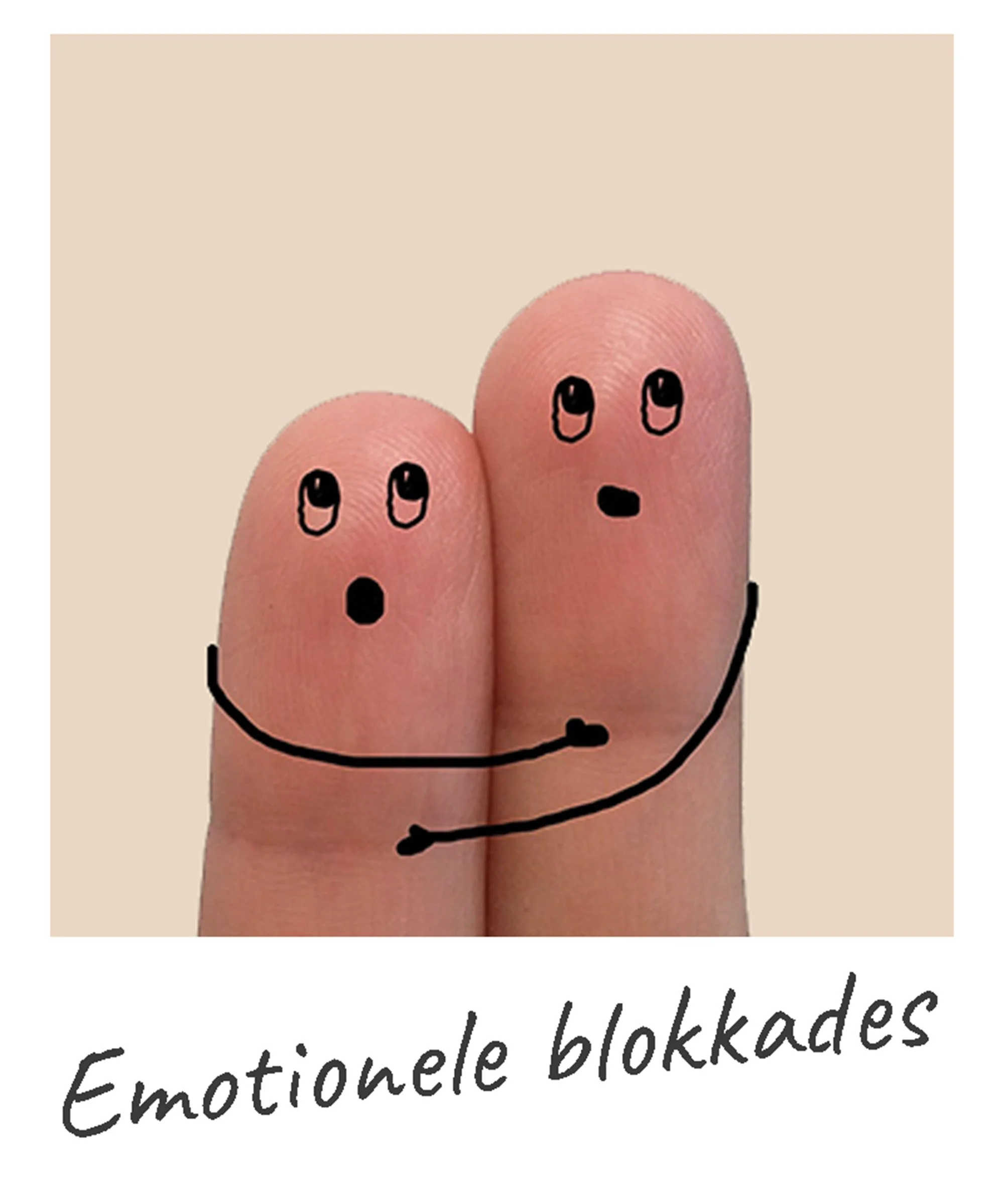 Twee vingers met getekende gezichtjes die elkaar omarmen als symbool voor emotionele blokkades.