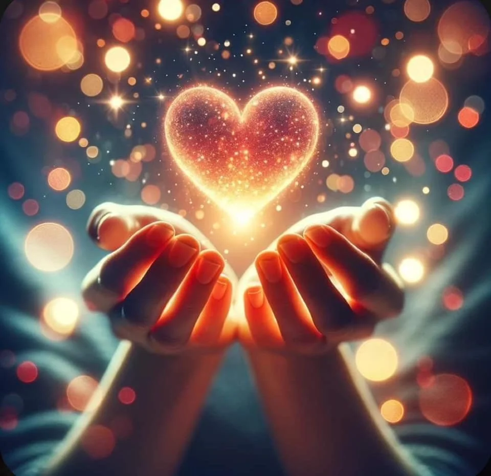 Handen die een stralend hart van licht vasthouden als symbool voor liefde en energie.