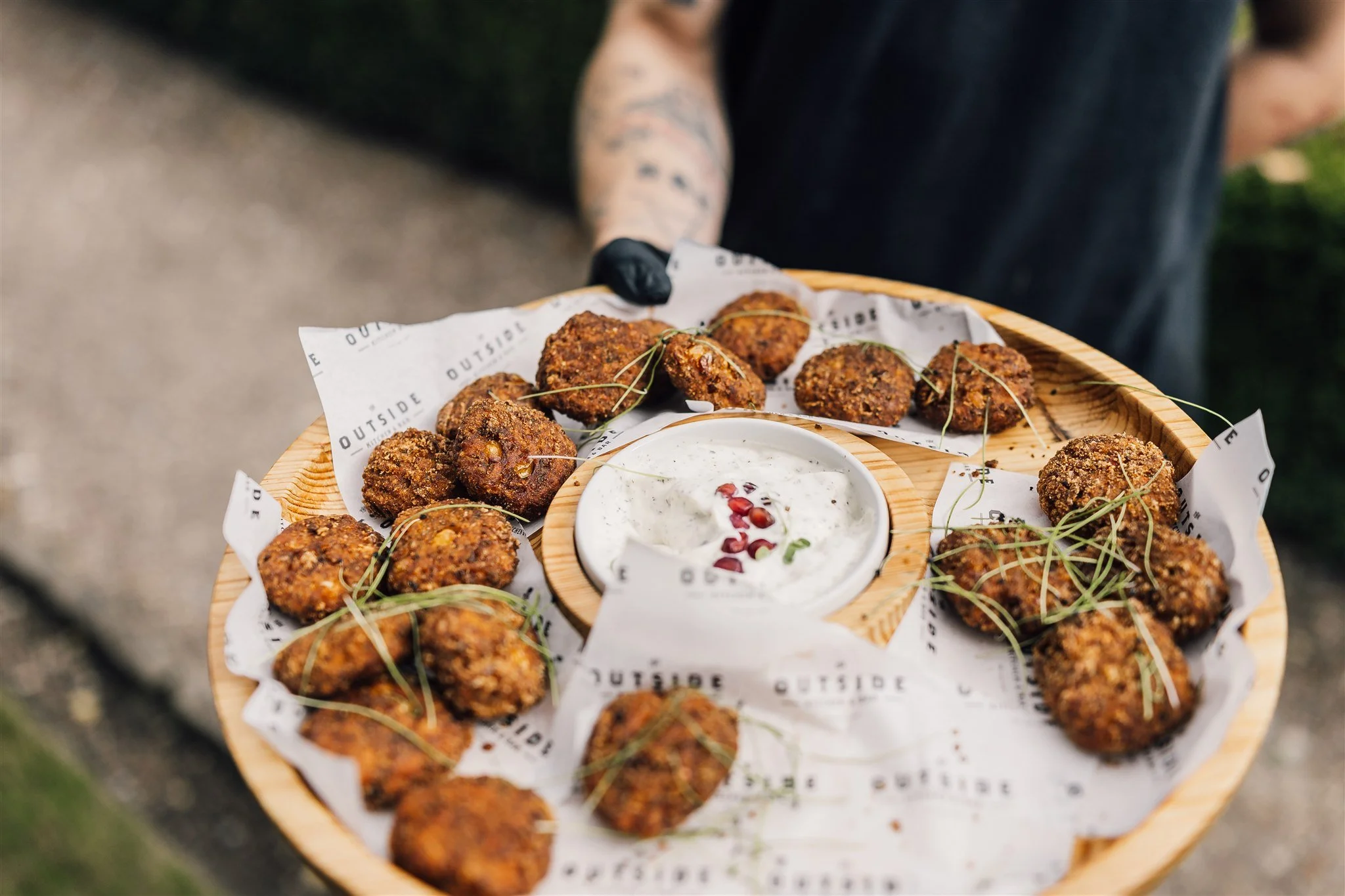 Wedding catering by The Outside Kitchen served at East Riddlesden Hall with canapes and dipping sauce