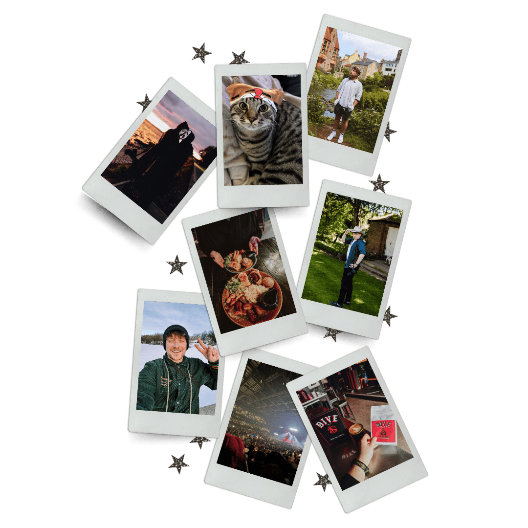 Collection of Polaroid photos on a black background with star-shaped confetti.