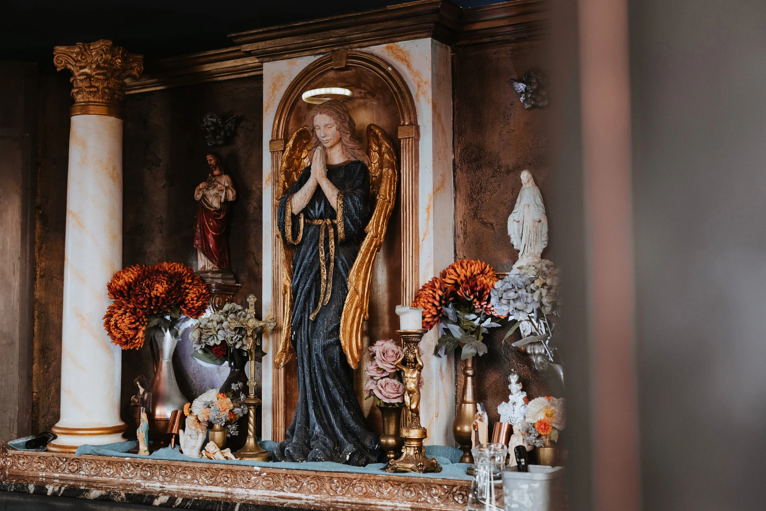 Wedding ceremony altar and decor at Church Temple of Fun Sheffield wedding venue