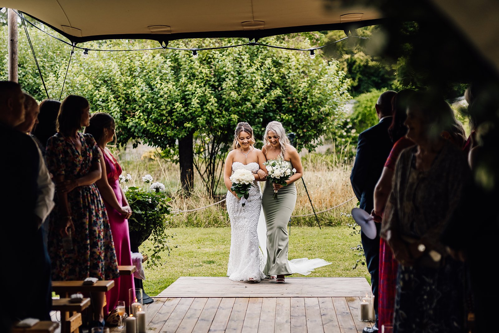 Charlotte arriving at the covered garden ceremony at Scrivelsby