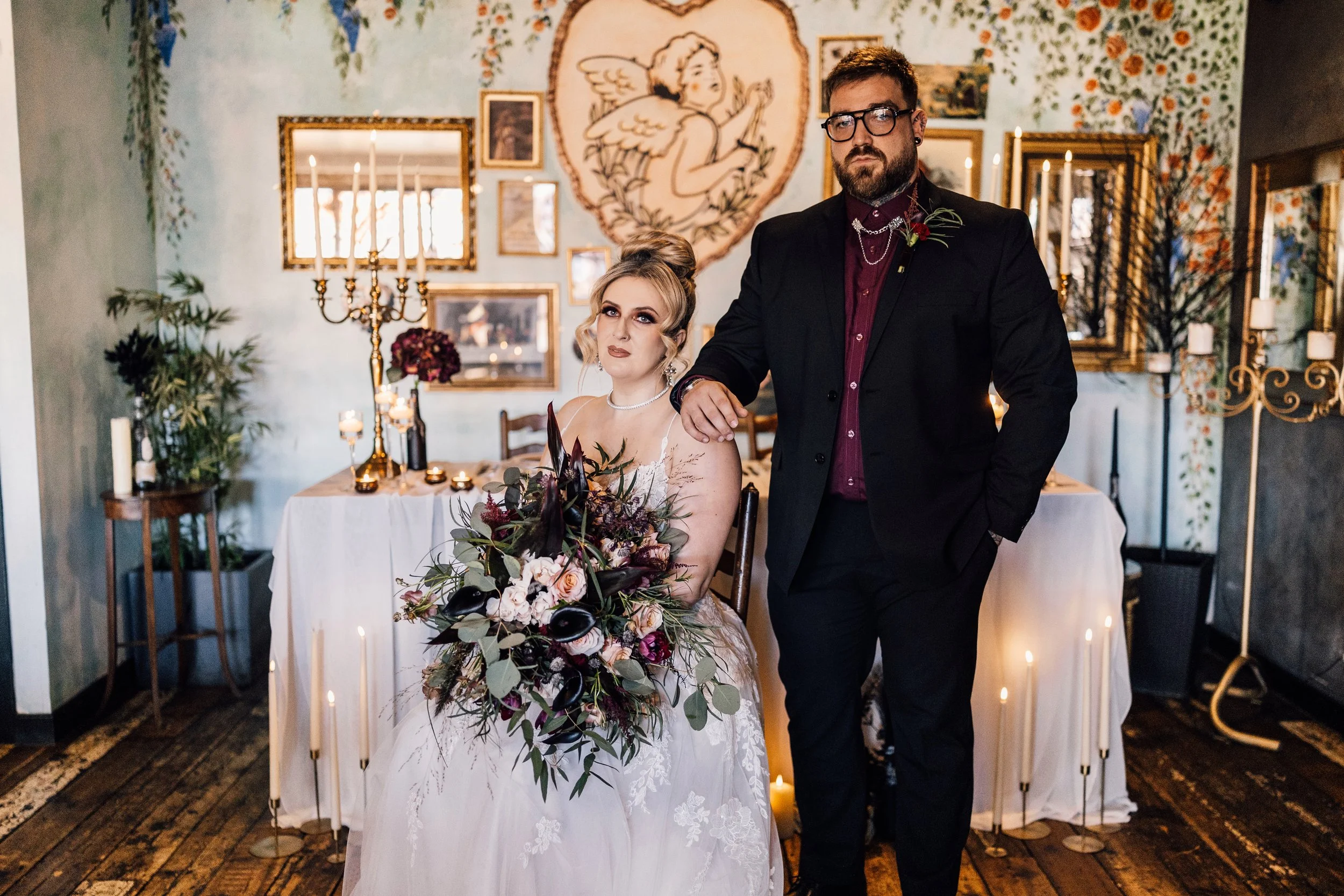 Bride and groom portrait at Church Temple of Fun Sheffield wedding venue with moody styling