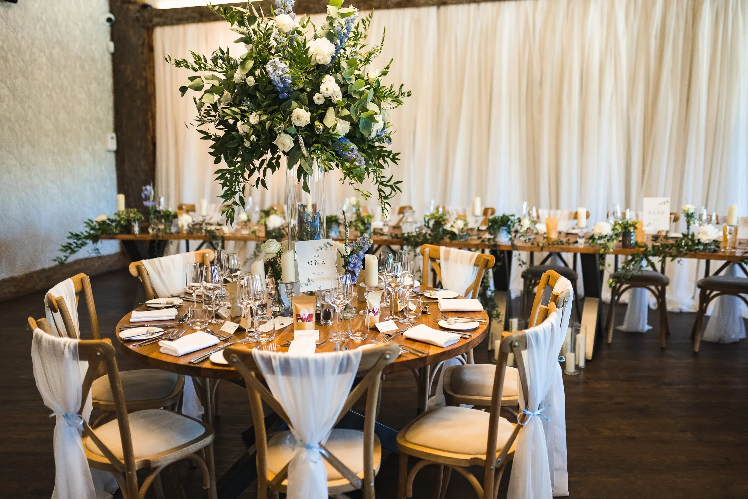 Wedding breakfast reception setup inside the Grand Lodge at Oaklands Grand Lodge in Driffield.