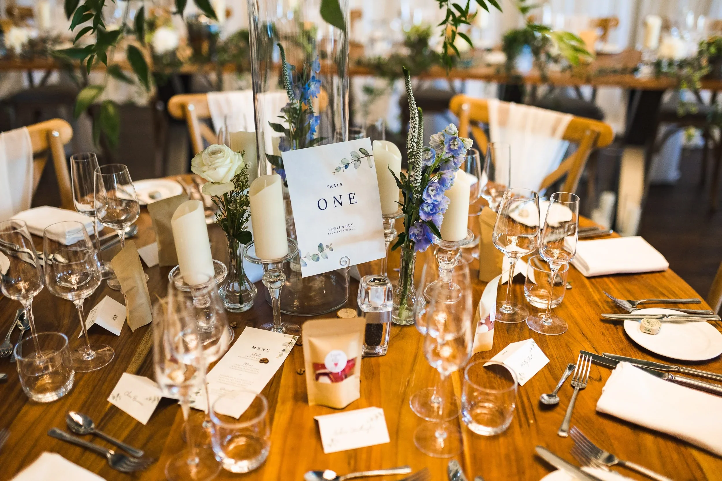 Wedding table styling and floral centrepiece during the reception at Oaklands Grand Lodge wedding venue in Driffield, East Yorkshire