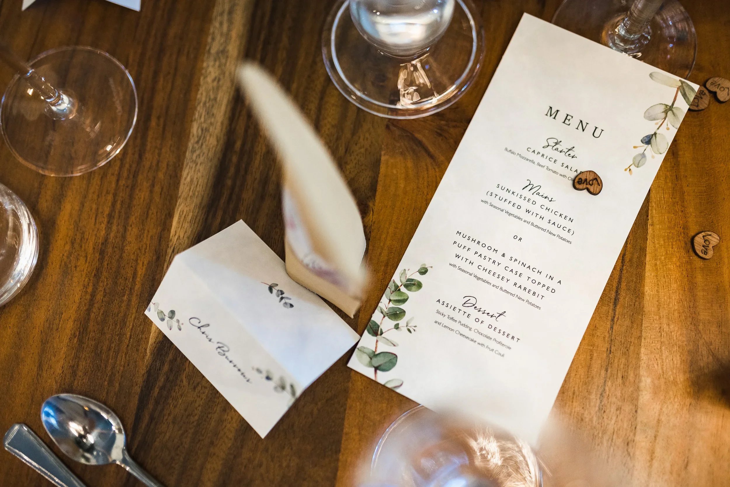 Wedding menu and table stationery details at Oaklands Grand Lodge wedding venue in Driffield.
