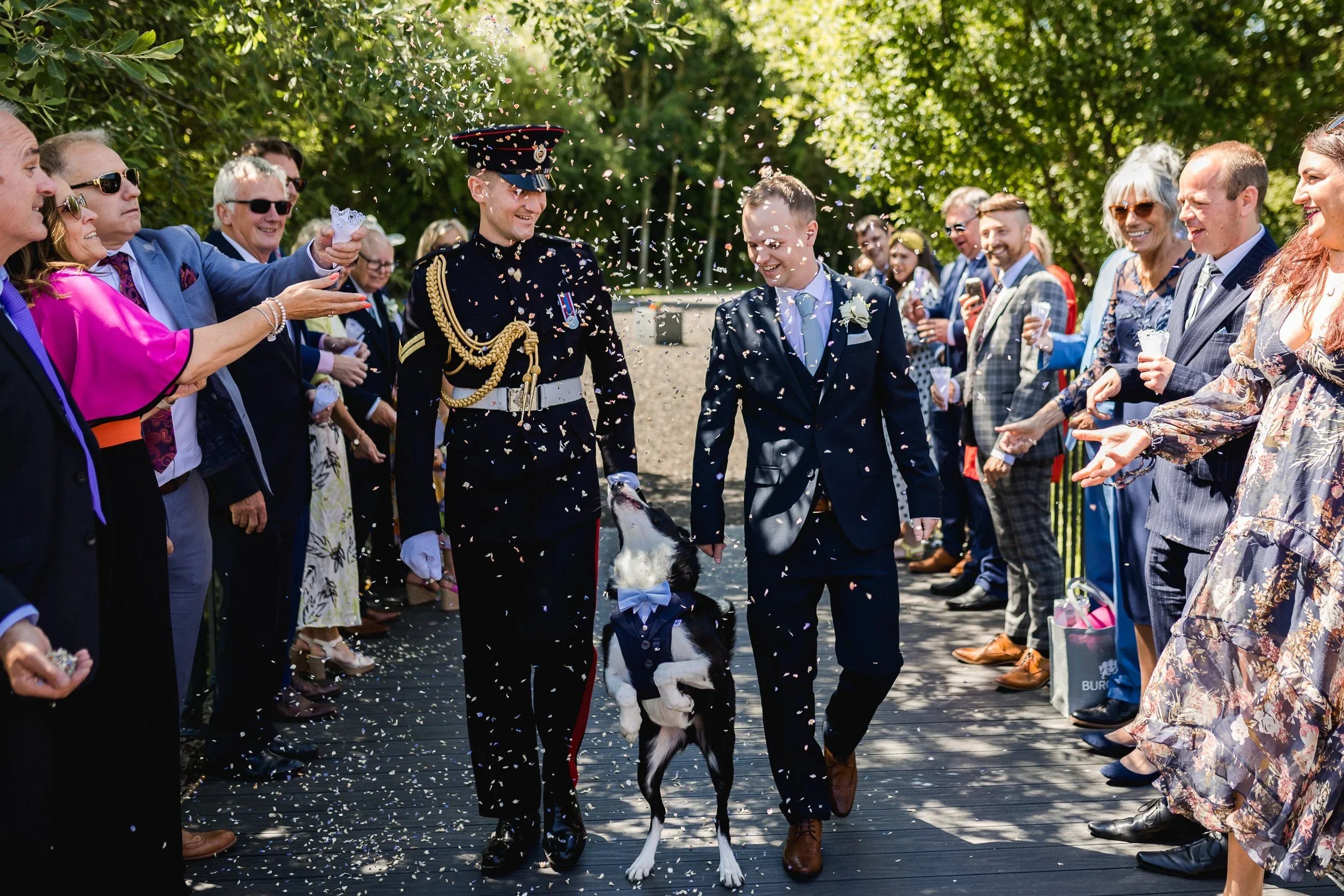 Wedding confetti tunnel for Lewis and Guy outside Oaklands Grand Lodge wedding venue in Driffield, East Yorkshire.