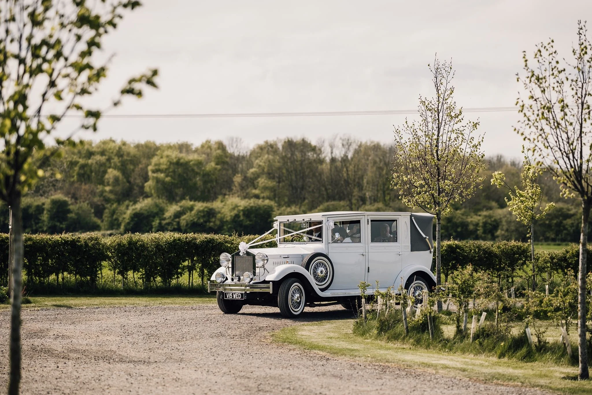 A white vintage wedding car parked beside the garden