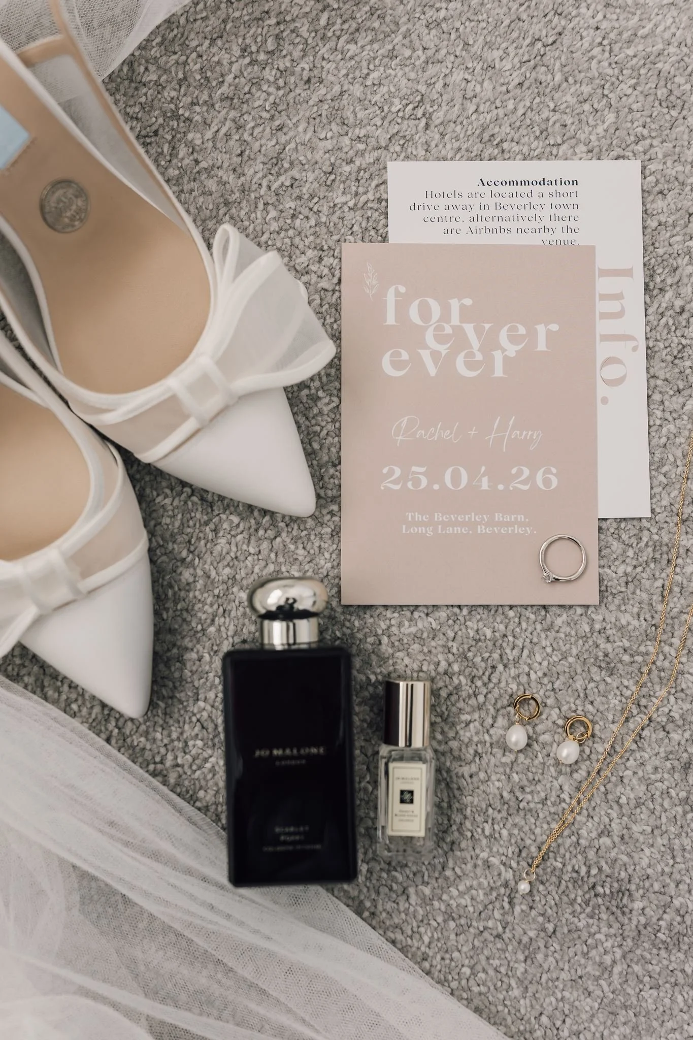 Rachel and Harry’s wedding stationery, perfume and bridal shoes