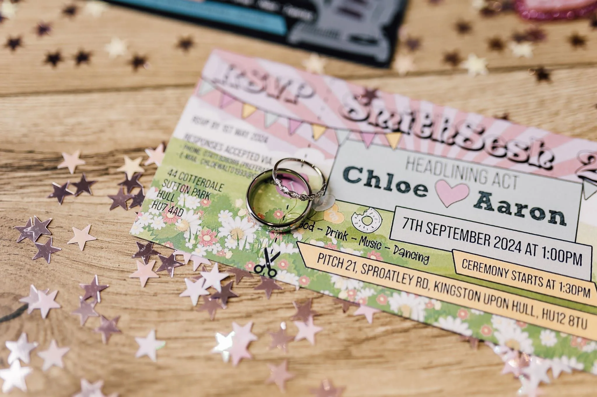 Personalised Chloe and Aaron festival wristbands with colourful star confetti
