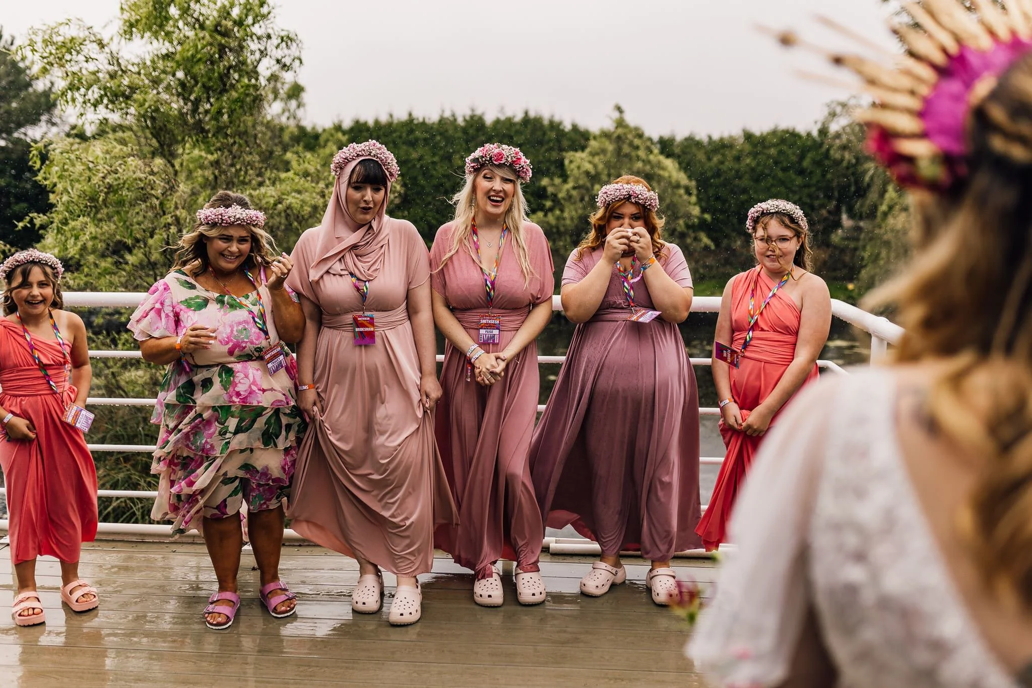 Smiling reactions as Chloe shows her wedding dress