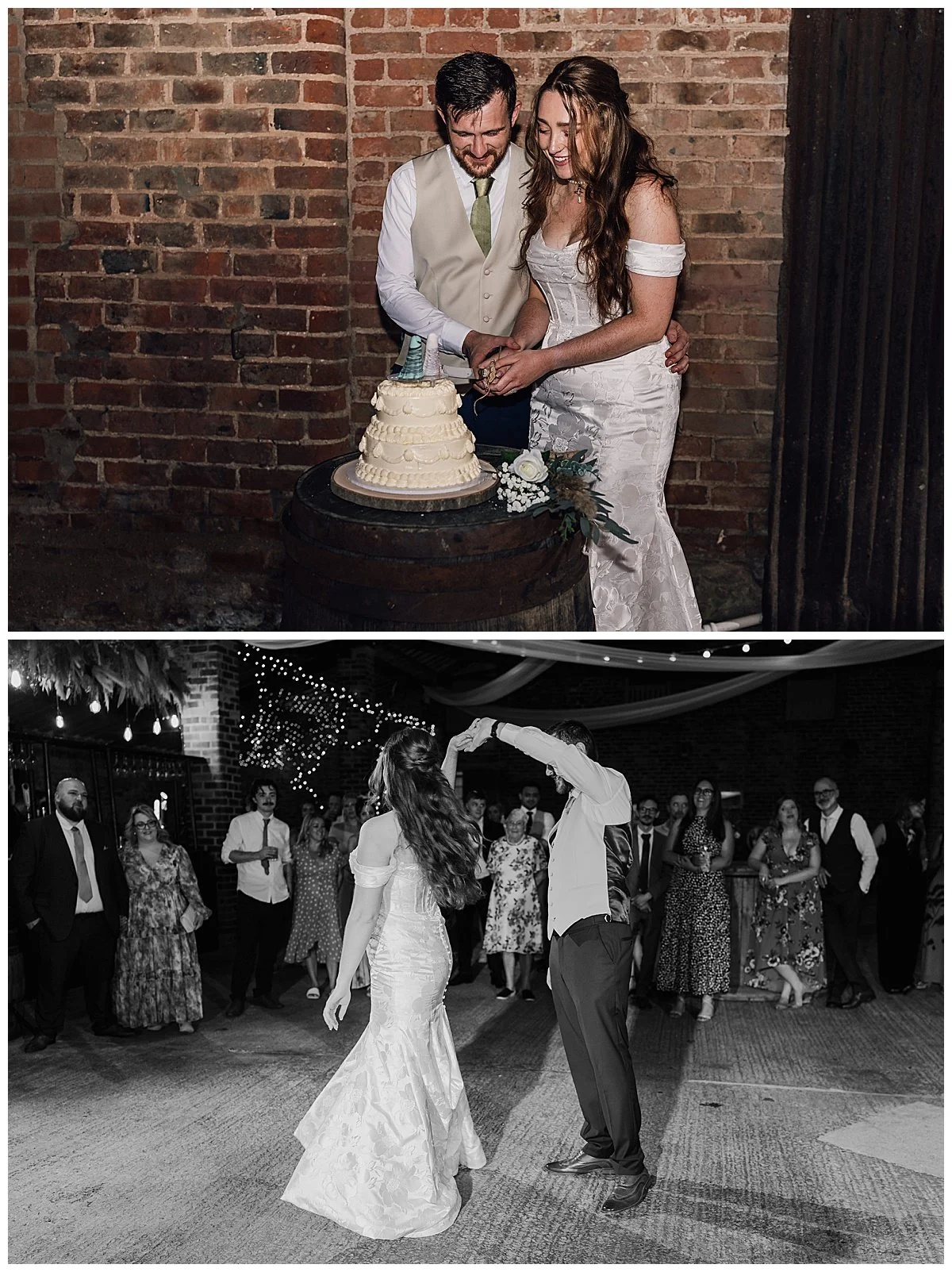 Human beings celebrating and having a great time at a relaxed barn wedding in York.