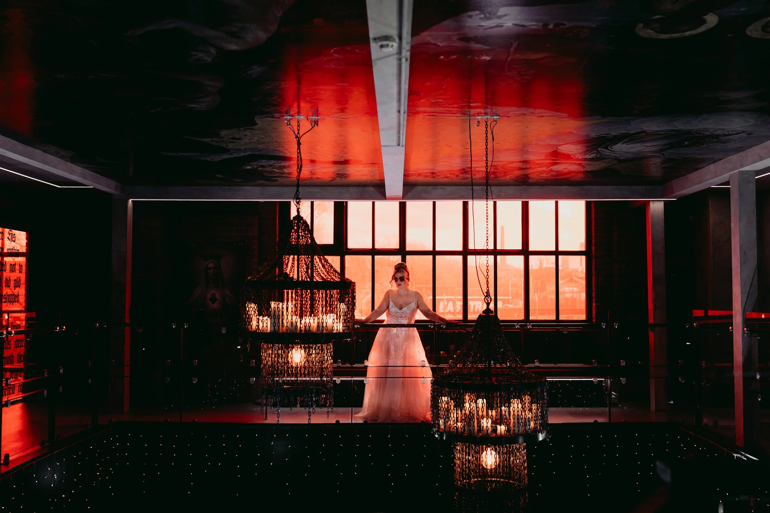 Bride portrait with chandelier lighting at Church Temple of Fun Sheffield wedding venue