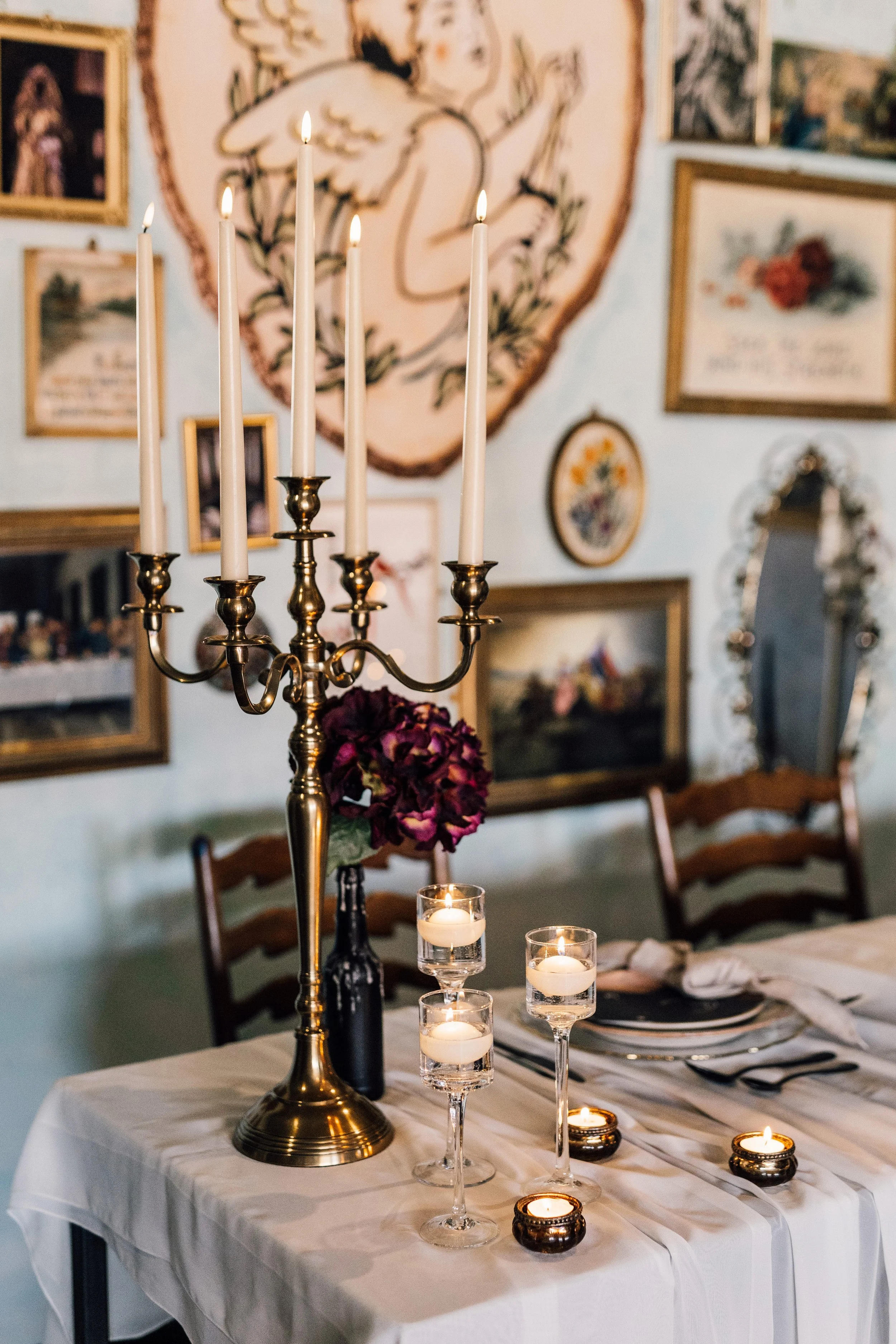 Elegant candlelit wedding table decor at Church Temple of Fun Sheffield wedding venue