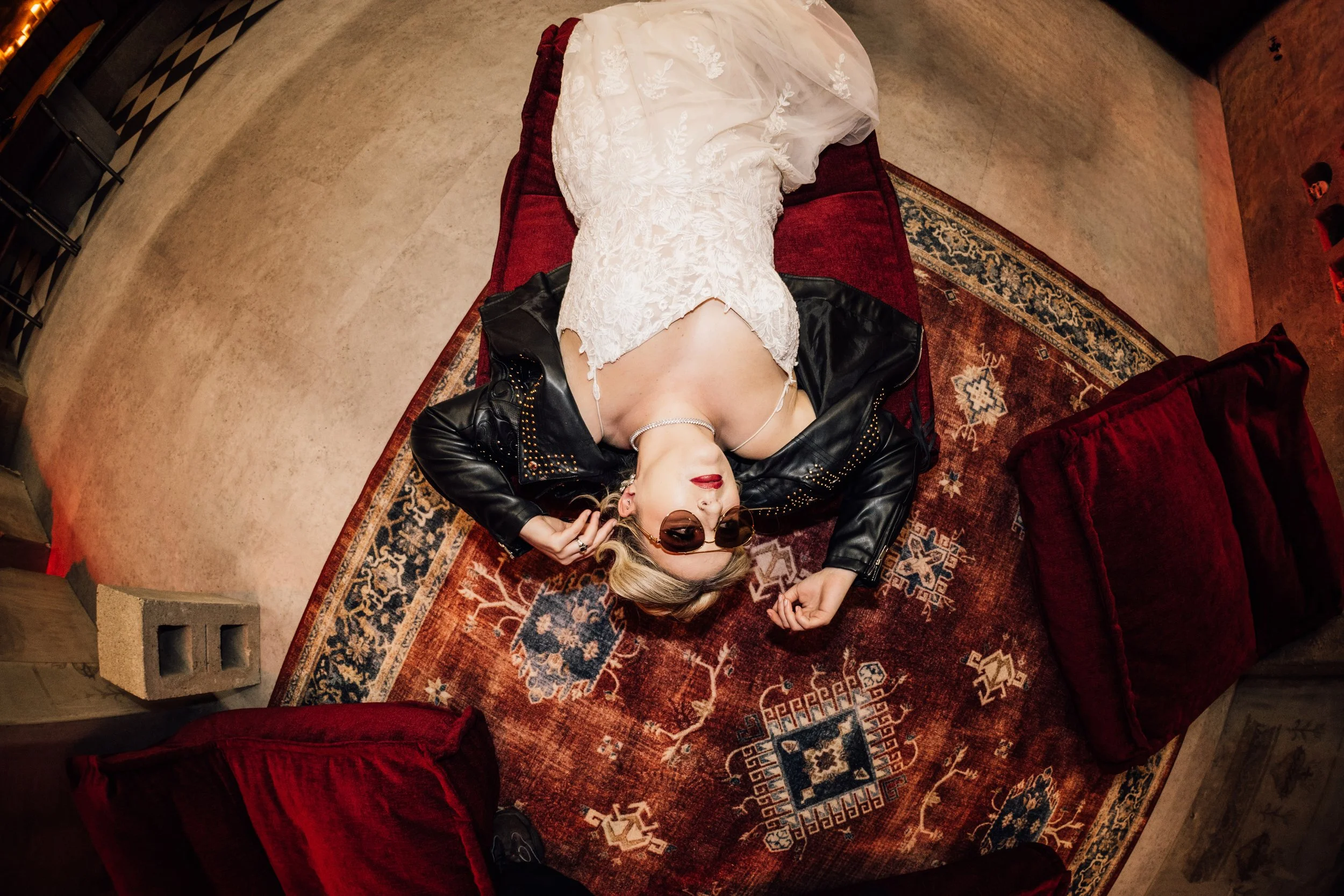 Creative overhead wedding portrait at Church Temple of Fun Sheffield venue