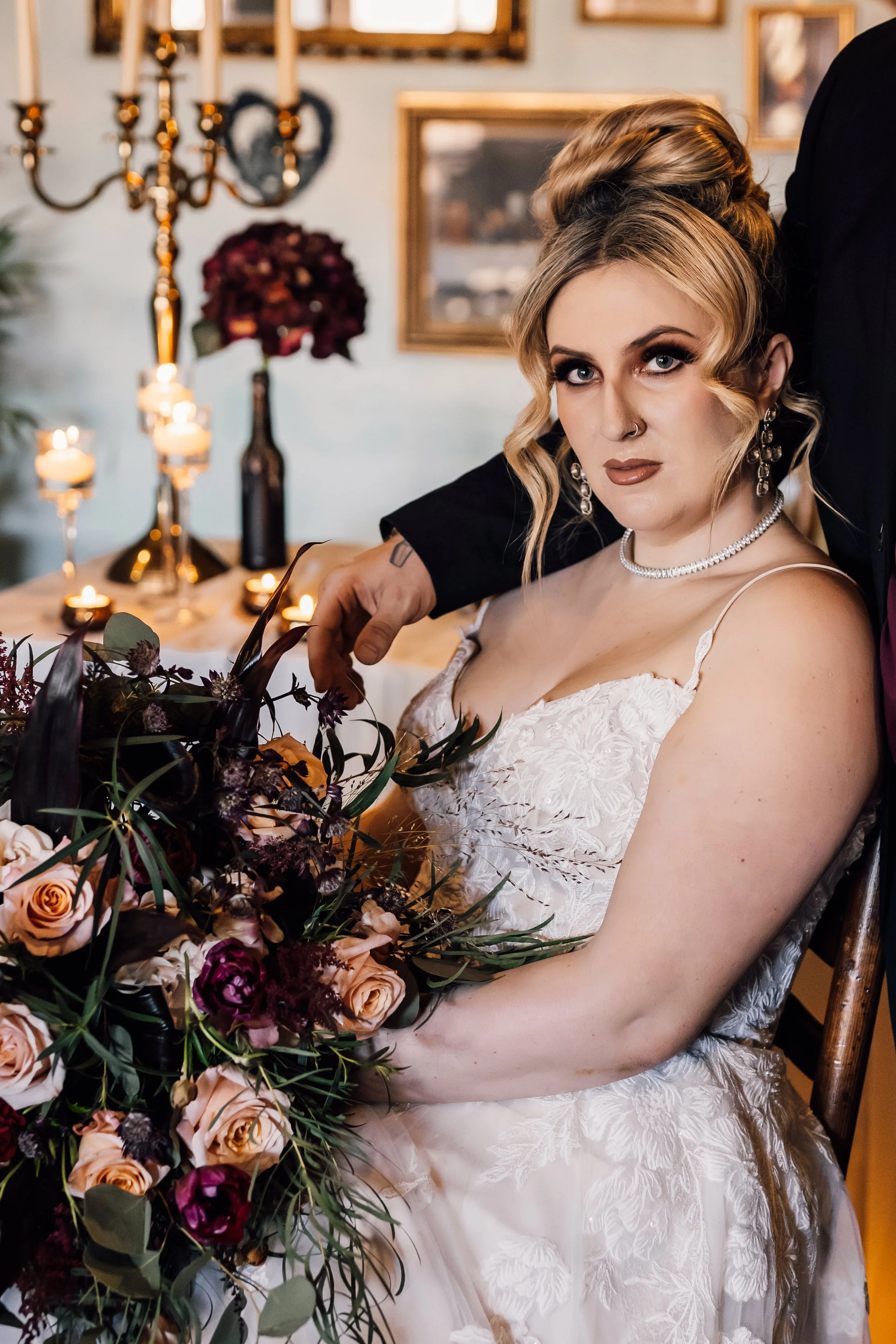 Alternative bride portrait at Church Temple of Fun Sheffield wedding venue with dark romantic styling