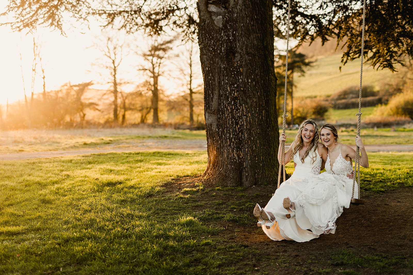 Two women in wedding dresses sitting on a swing hanging from a large tree in a grassy field during sunset, smiling and enjoying the moment.