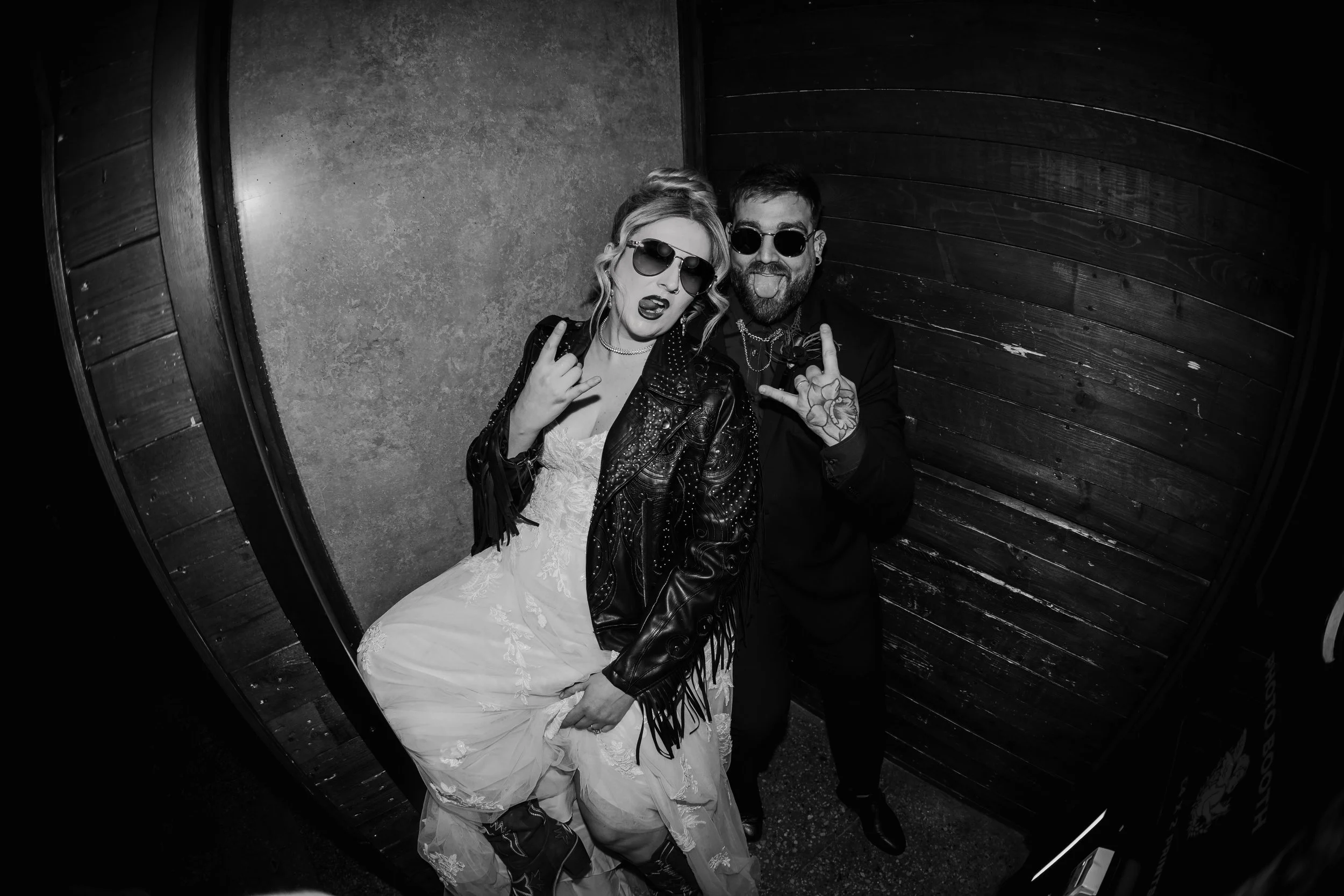 Fun alternative wedding couple portrait at Church Temple of Fun Sheffield with flash photography