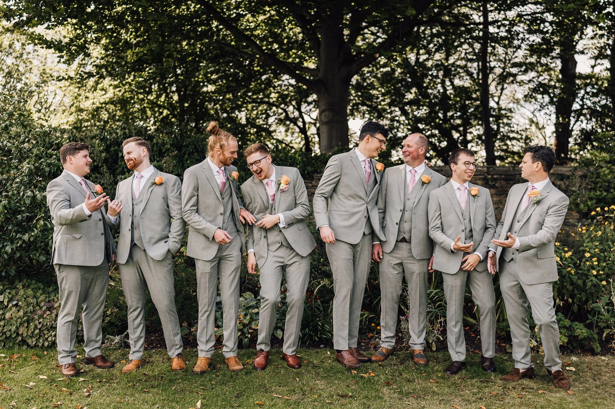 Groomsmen group photo at East Riddlesden Hall wedding venue in West Yorkshire