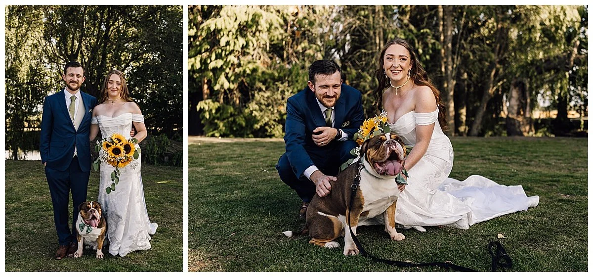 Bride and Groom with their dog at Farm Wedding