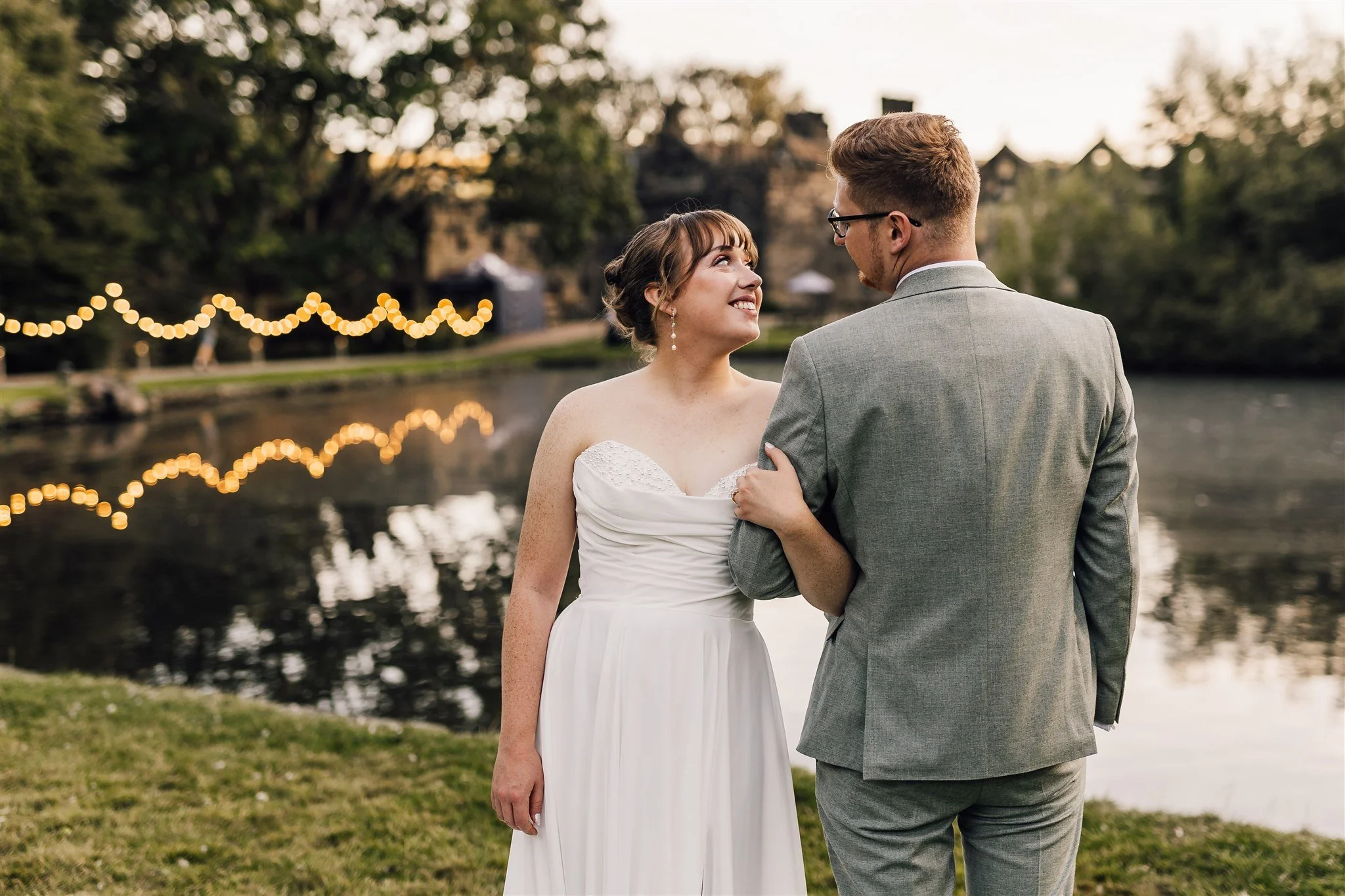 Romantic wedding couple portrait at East Riddlesden Hall captured during golden hour in West Yorkshire