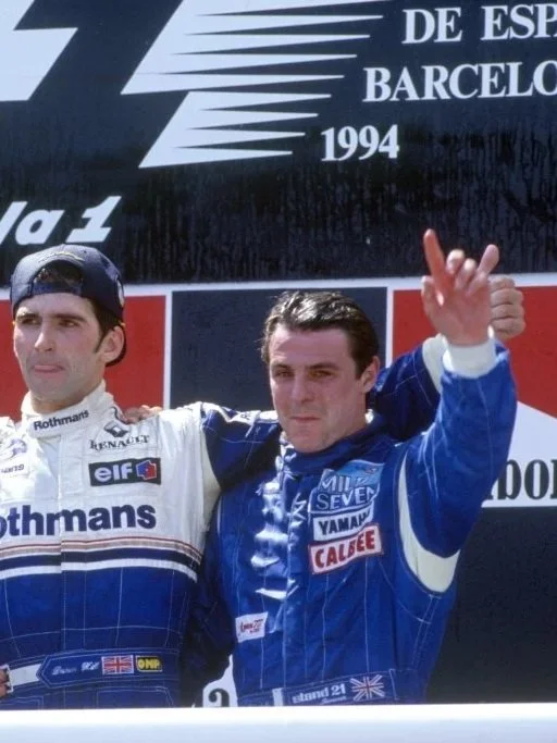 Michael Schumacher, Damon Hill and Mark Blundell on the podium after the 1994 Spanish Grand Prix.