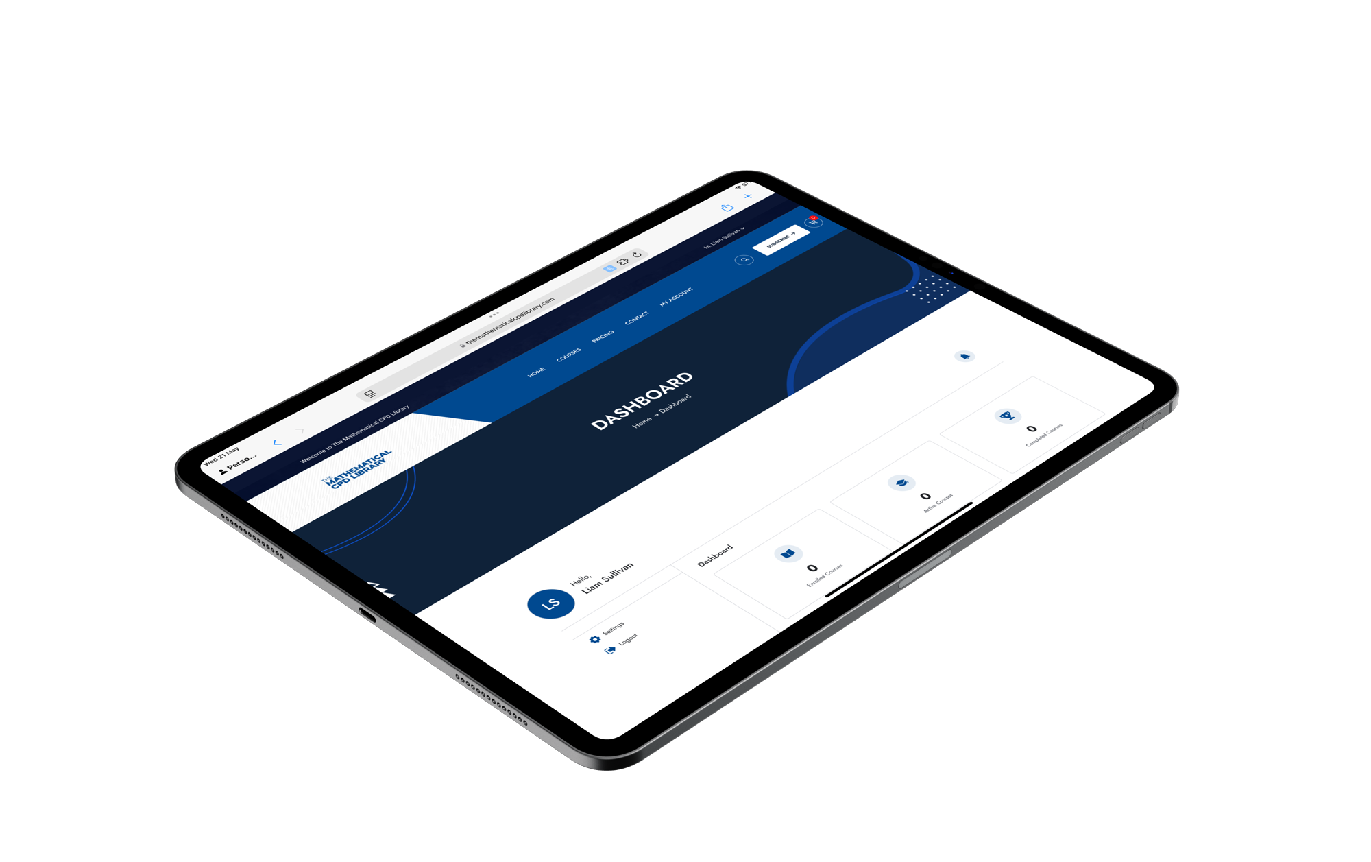 An iPad displaying a dashboard interface from a website with a blue and white color scheme.