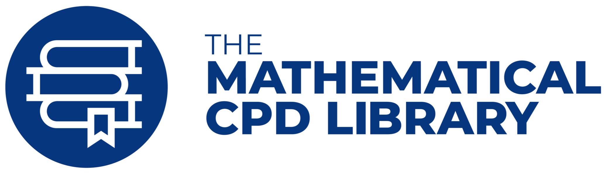 The logo of the Mathematical CPD Library features a circular navy blue icon with white outlines of three stacked books, accompanied by the text 'The Mathematical CPD Library' in dark blue.