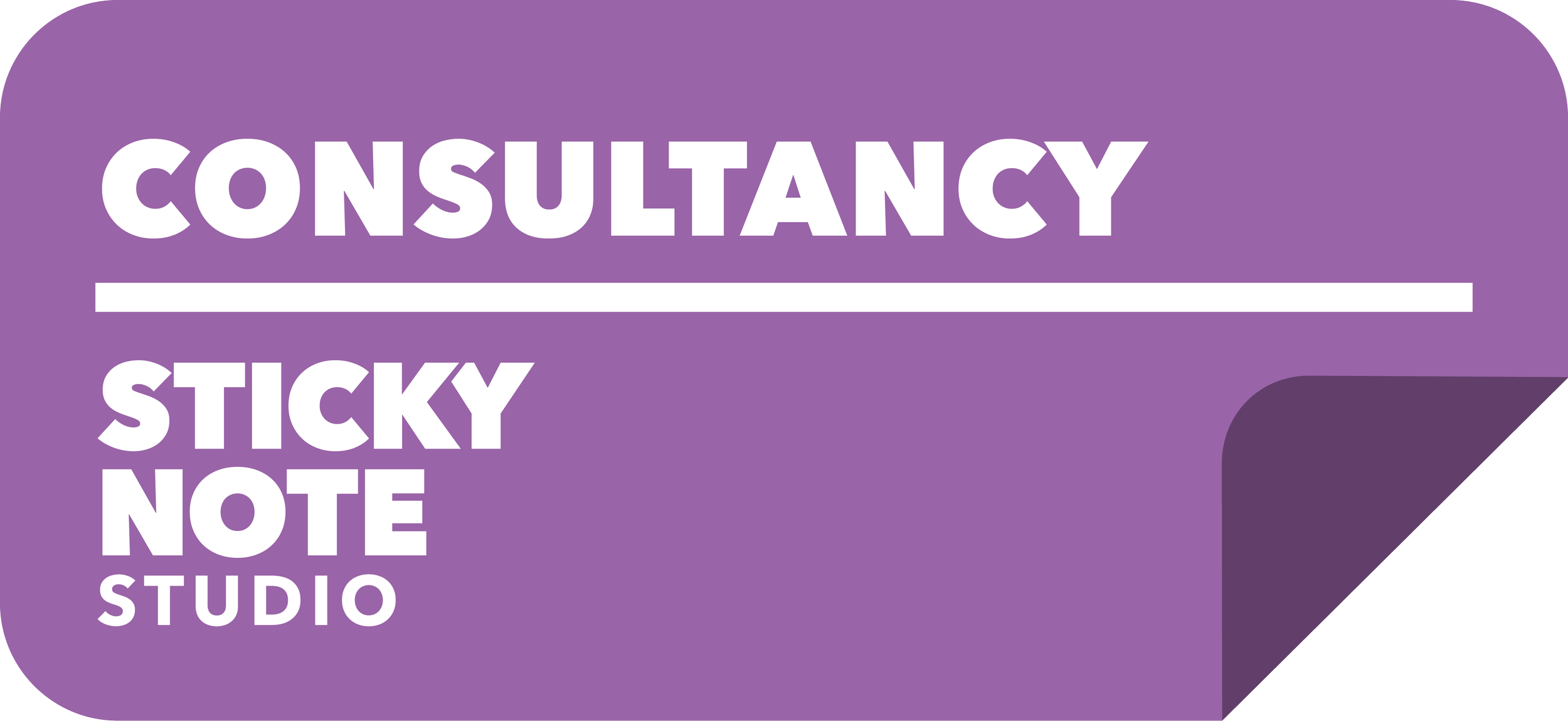 Purple sticky note with the words 'Consultancy', 'Sticky Note', and 'Studio' printed in white, with a folded corner revealing a darker purple underside.