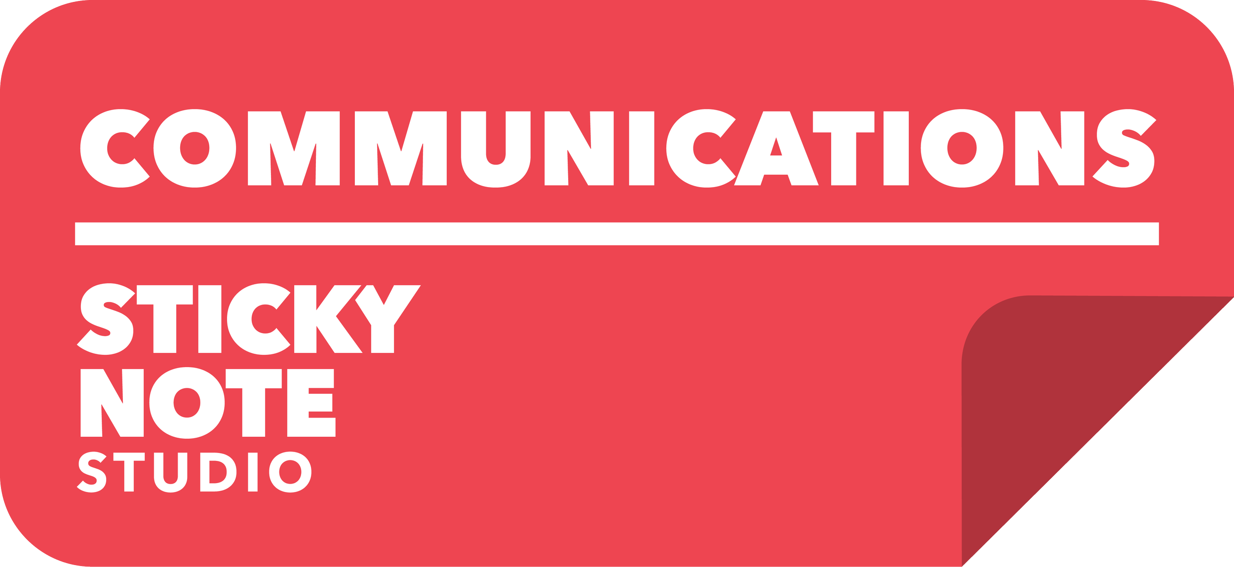 Red sticker with white text reading 'Communications Sticky Note Studio' and a black corner peeled back.