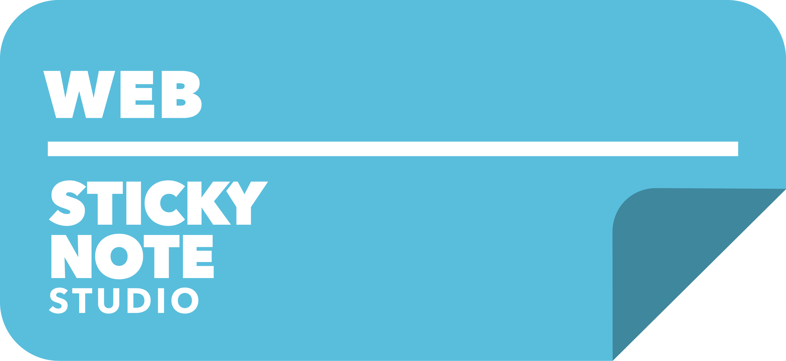 Blue sticky note pad with rounded edges, with the words 'WEB', 'STICKY', 'NOTE', 'STUDIO' written in white, in a stacked layout, with a black bottom right corner