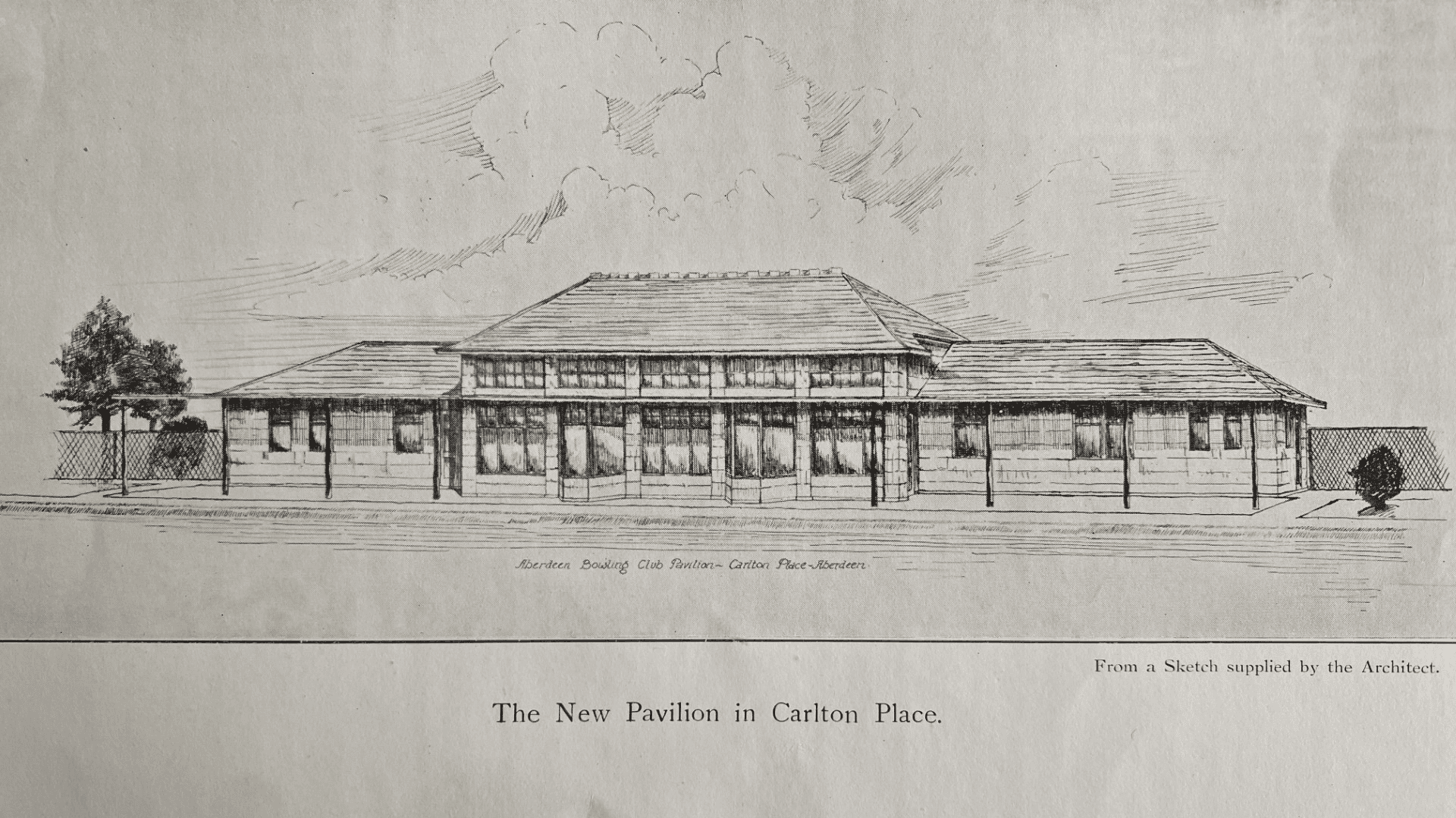 Historical sketch of the 'New Pavilion' for Aberdeen Bowling Club as it looks today.