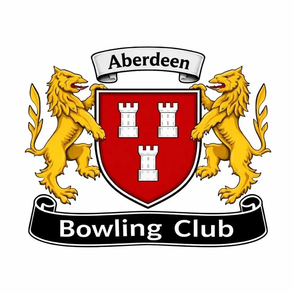 Logo for Aberdeen Bowling Club with a red shield showing three castle icons, with yellow lions standing on either side of the shield holding it.