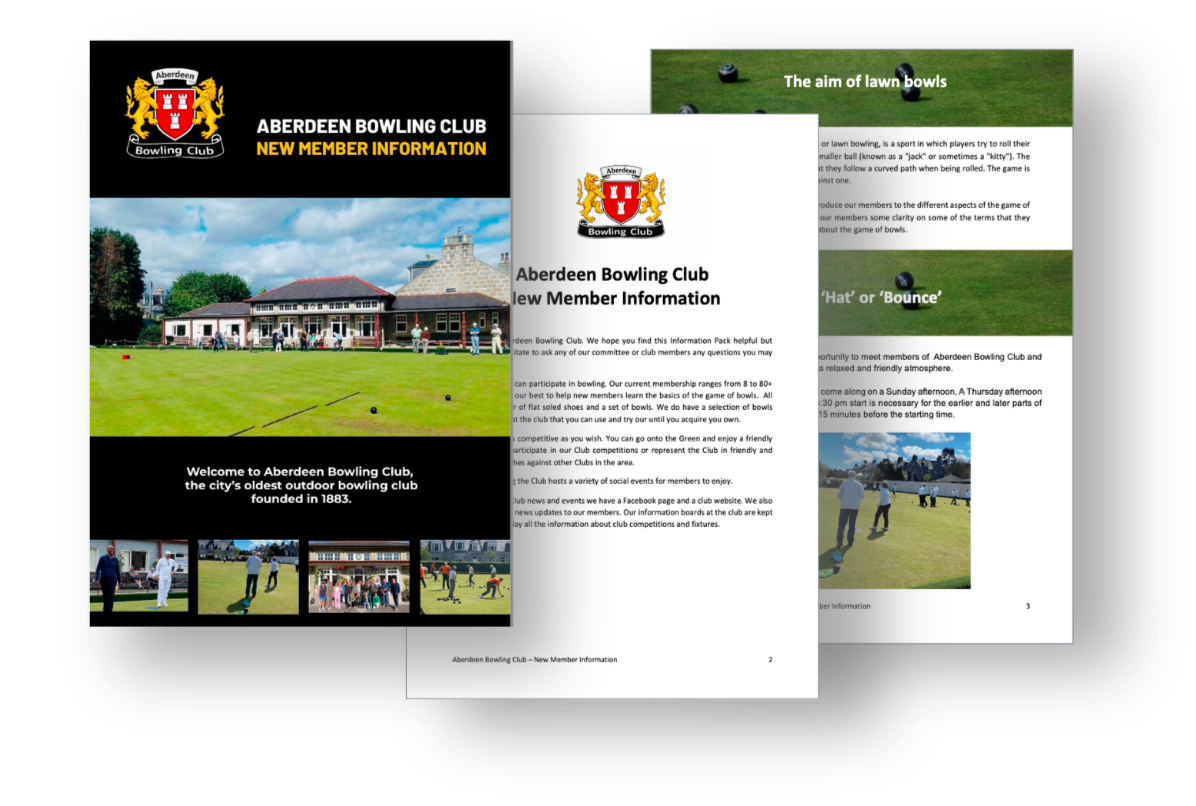 An image of the cover, the first page and an inside page of the Aberdeen Bowling Club New Member Information Pack document.