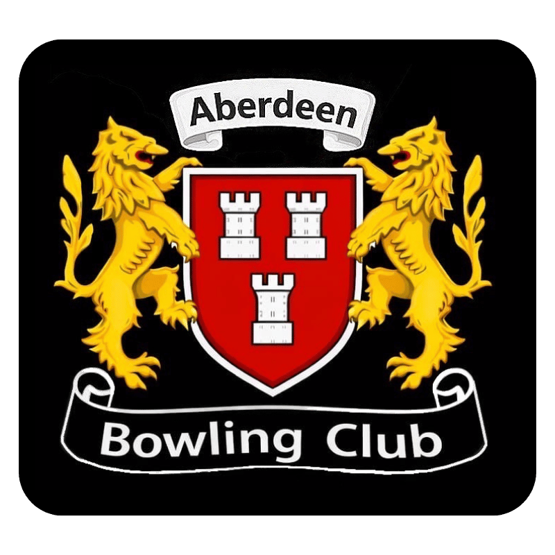 Logo for Aberdeen Bowling Club with a red shield showing three castle icons, with yellow lions standing on either side of the shield holding it.