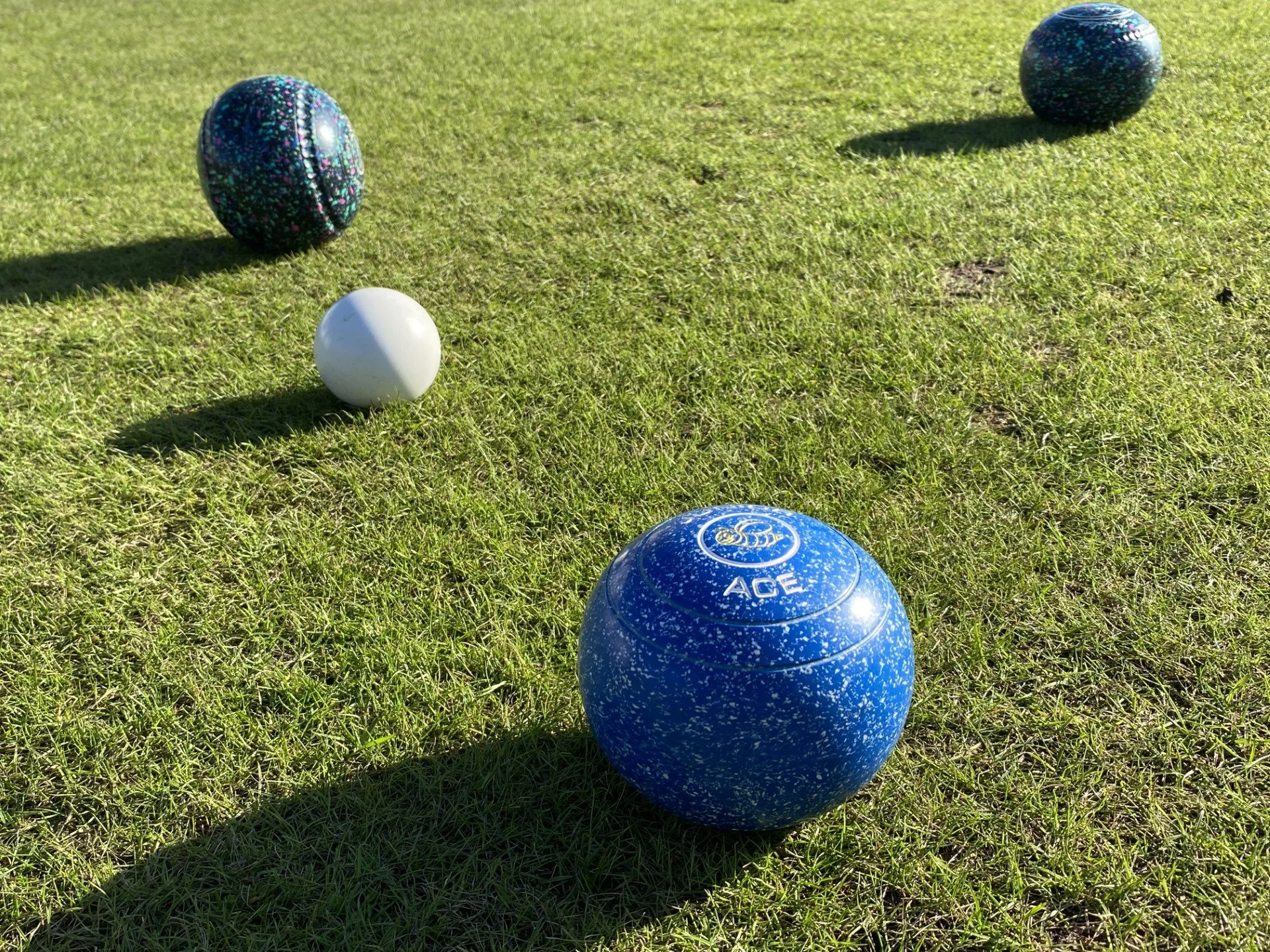 Circle shaped image showing a large blue lawn bowl with smaller white lawn bowls on grass.