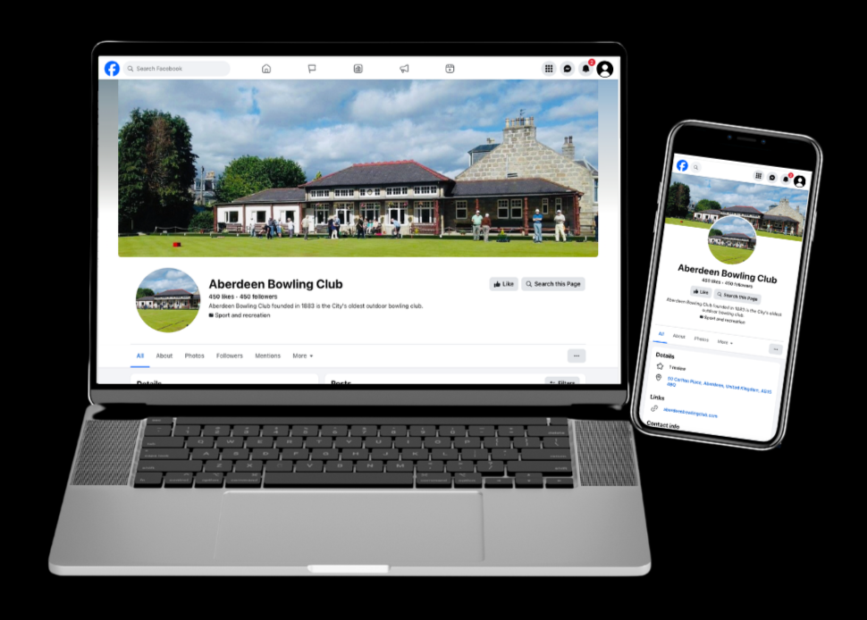 Decorative - An image of a laptop and a mobile phone displaying the Aberdeen Bowling Club Facebook page on their screens.