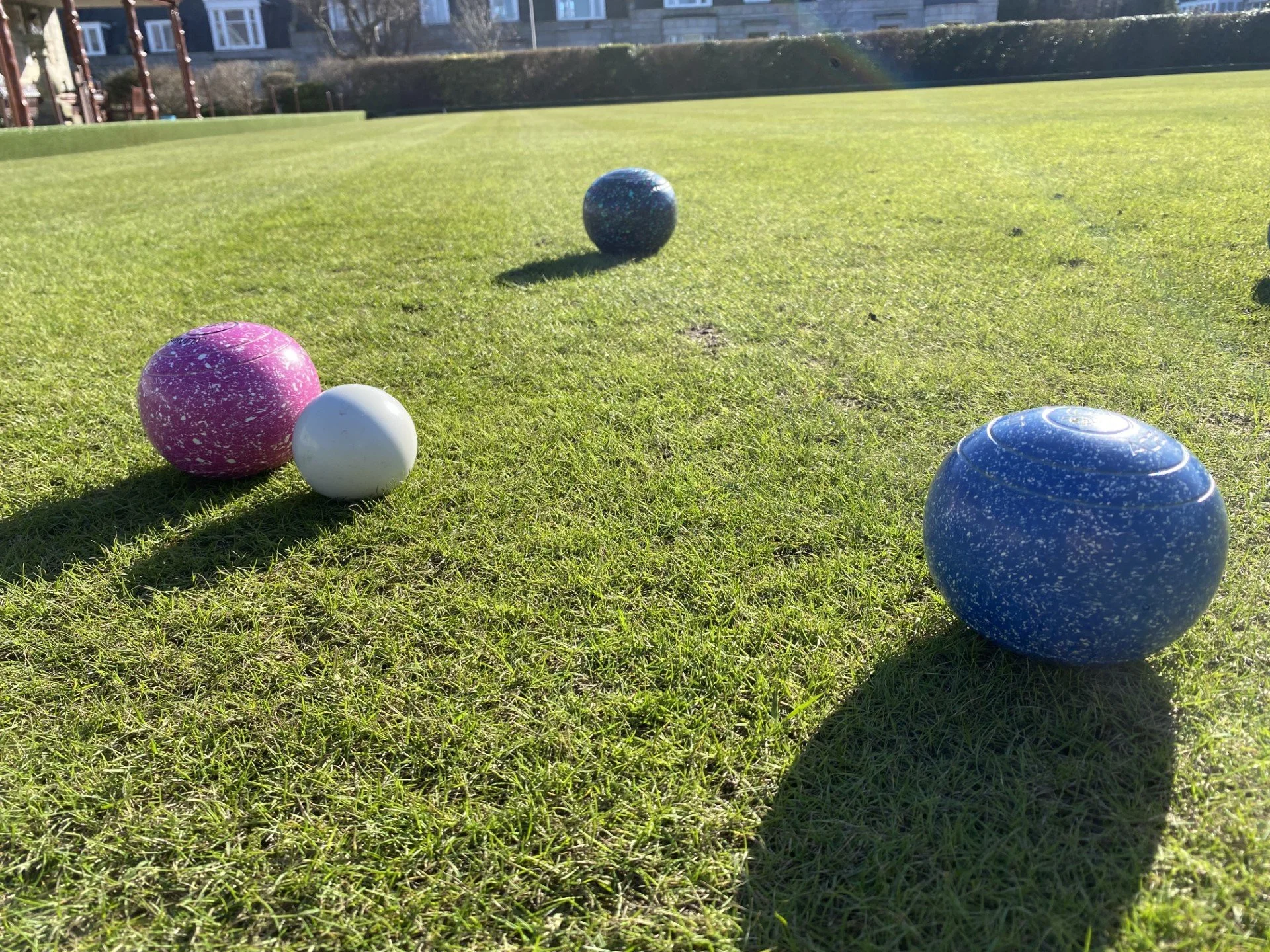 Different sizes of lawn bowls on green grass.