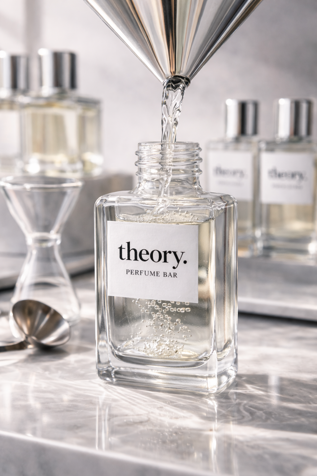 A clear glass perfume bottle labeled "theory. PERFUME BAR" with liquid being poured into it, surrounded by other perfume bottles and a silver spoon on a marble surface.